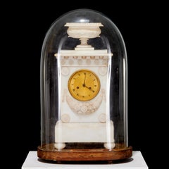 19th C. Tall Louis Philippe Carved Alabaster and Brass Clock Under Glass Dome