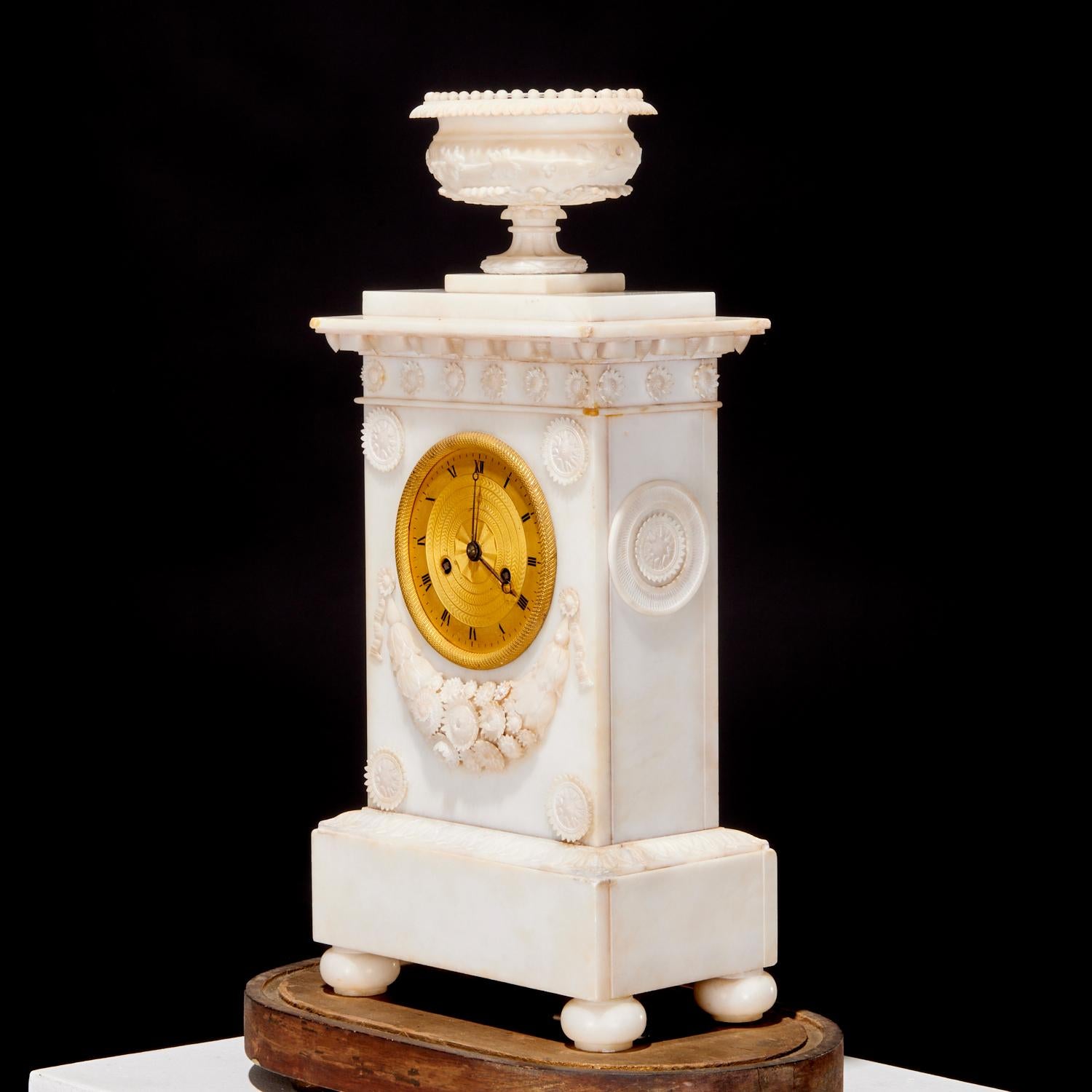 Hand-Carved 19th C. Tall Louis Philippe Carved Alabaster and Brass Clock Under Glass Dome For Sale