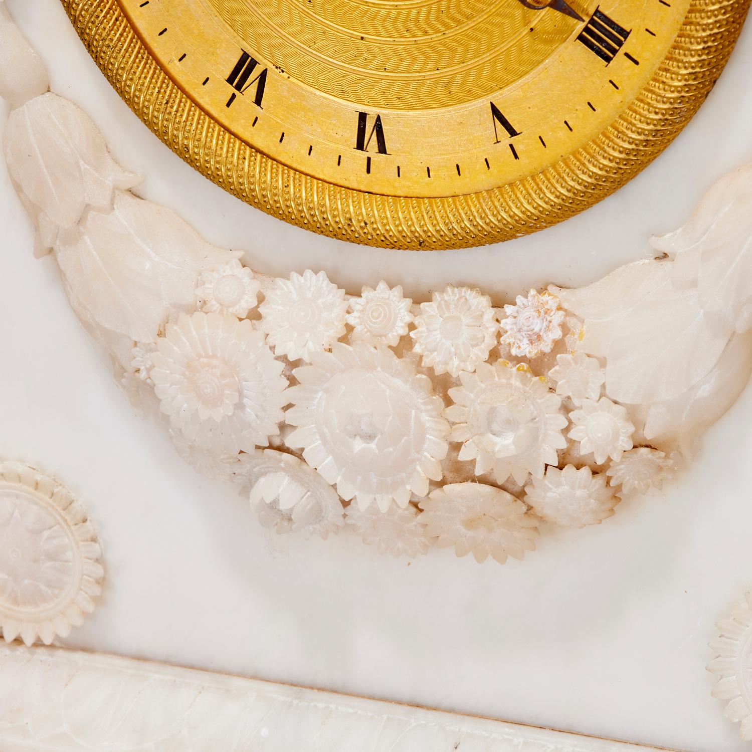 19th Century 19th C. Tall Louis Philippe Carved Alabaster and Brass Clock Under Glass Dome For Sale
