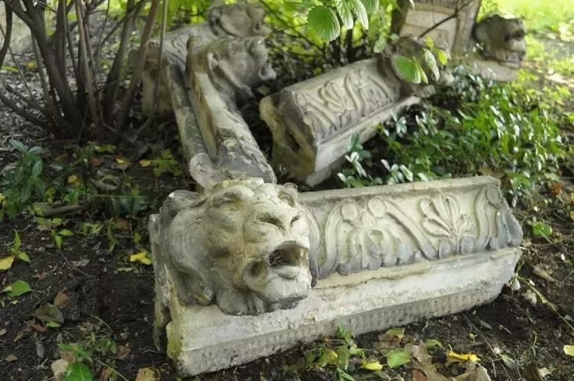 19th C. Terracotta Lion Head Regency Style Building Garden Architectural Elements. Items are decorated with finely cast lion heads, stylized Fleur-de-lis and scroll work, and beautiful and authentic weathered patina. Great for use as decorative