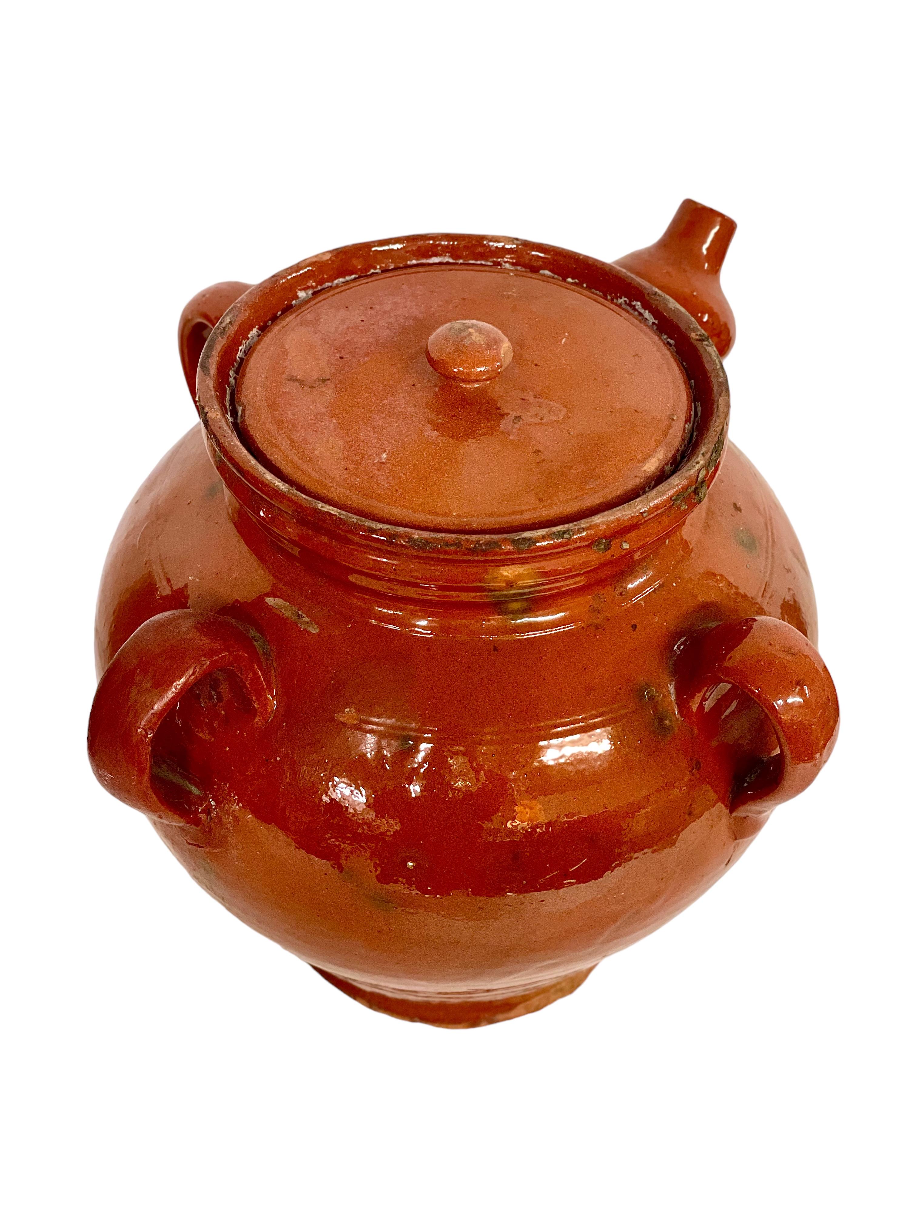 French 19th C. Large Terracotta Walnut Oil Jar with its Lid For Sale