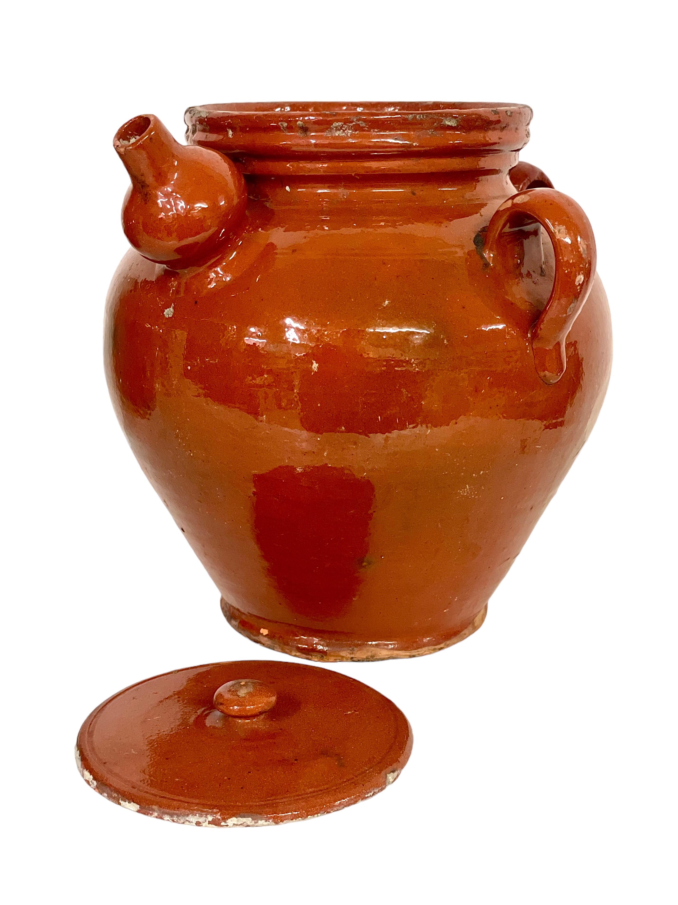 Glazed 19th C. Large Terracotta Walnut Oil Jar with its Lid For Sale