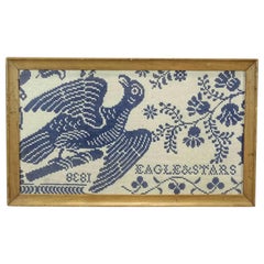 19th c. Textile Fragment Homespun Blue & White Jacquard Coverlet Eagle & Stars