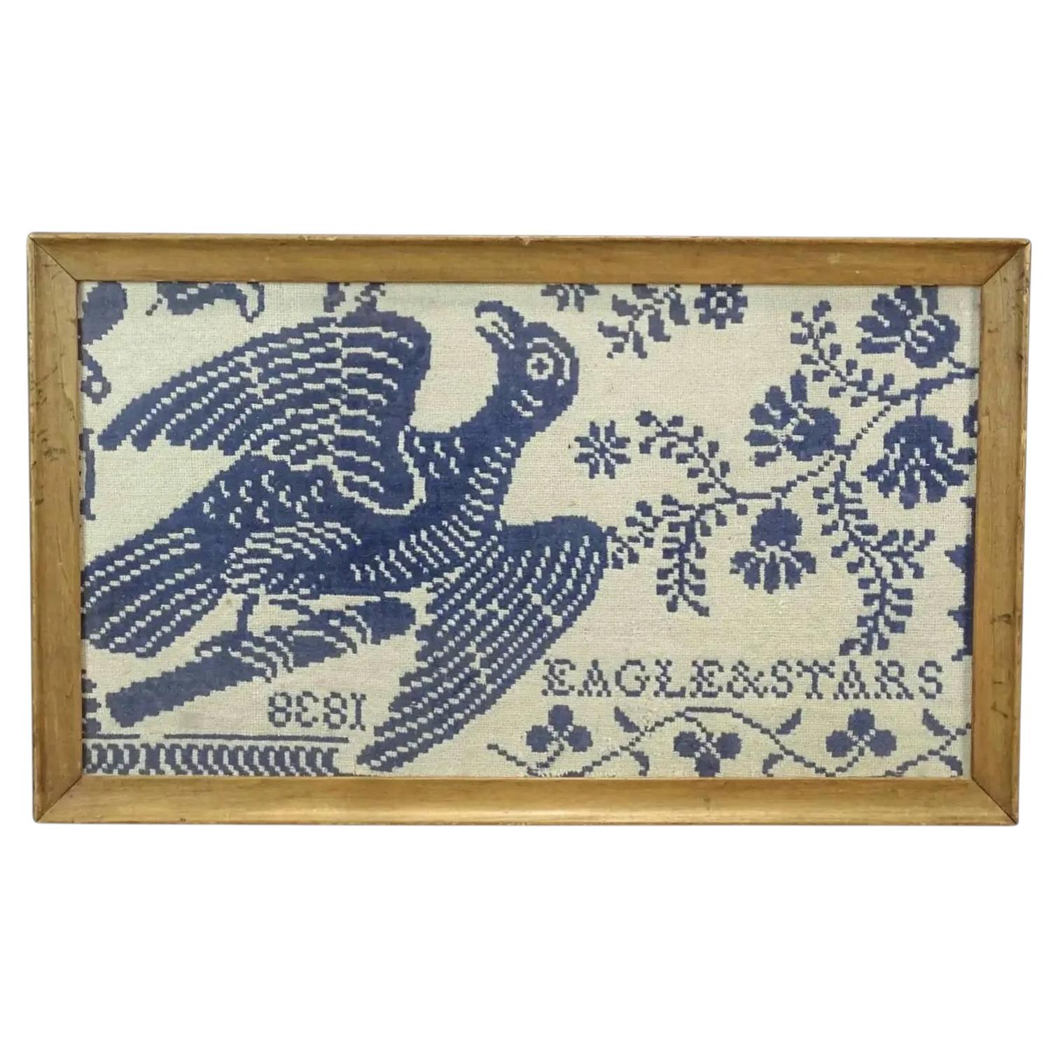19th c. Textile Fragment Homespun Blue & White Jacquard Coverlet Eagle & Stars For Sale