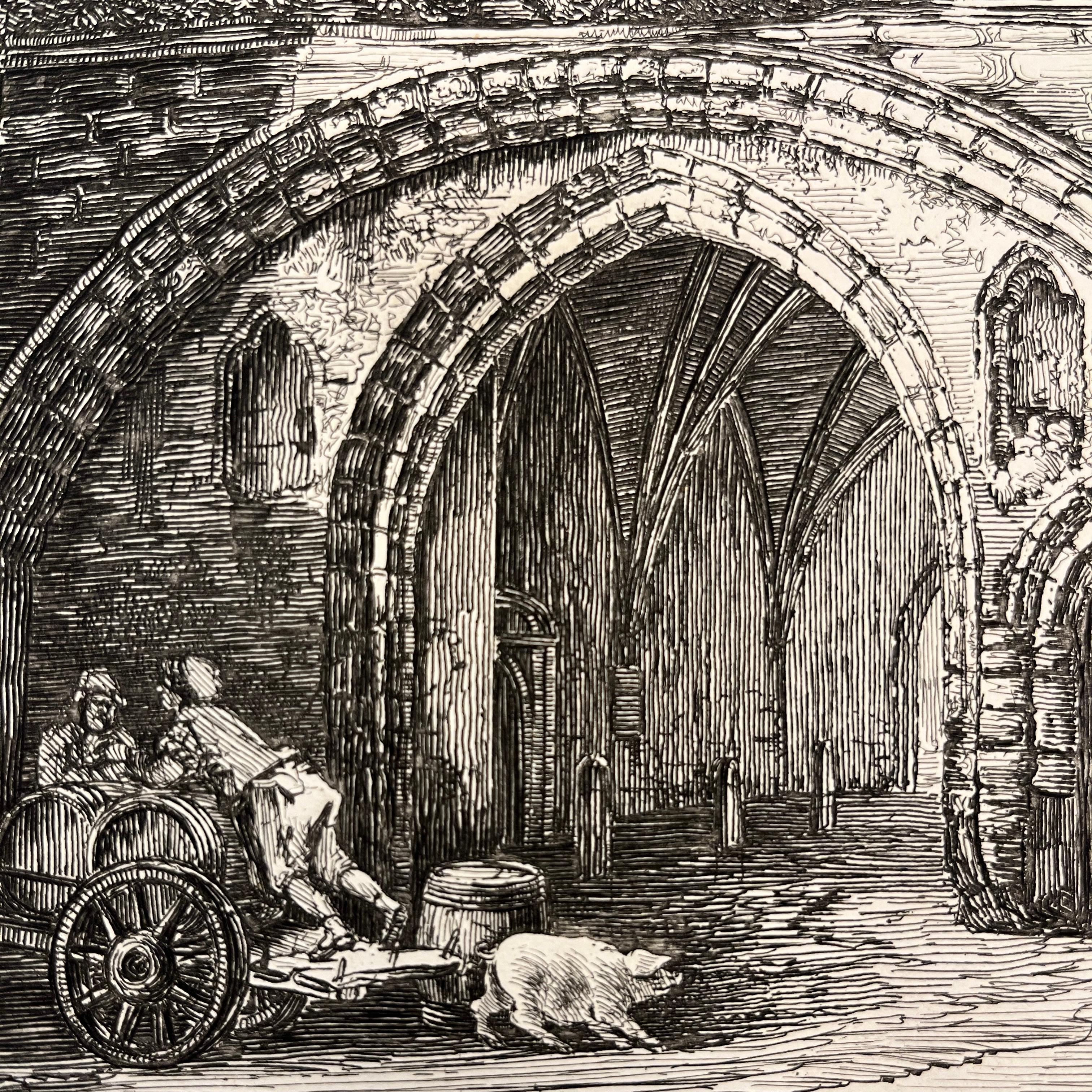 19th C. The Abbey Gate English Antique Gold Framed Green Mat Black White Etching For Sale 2