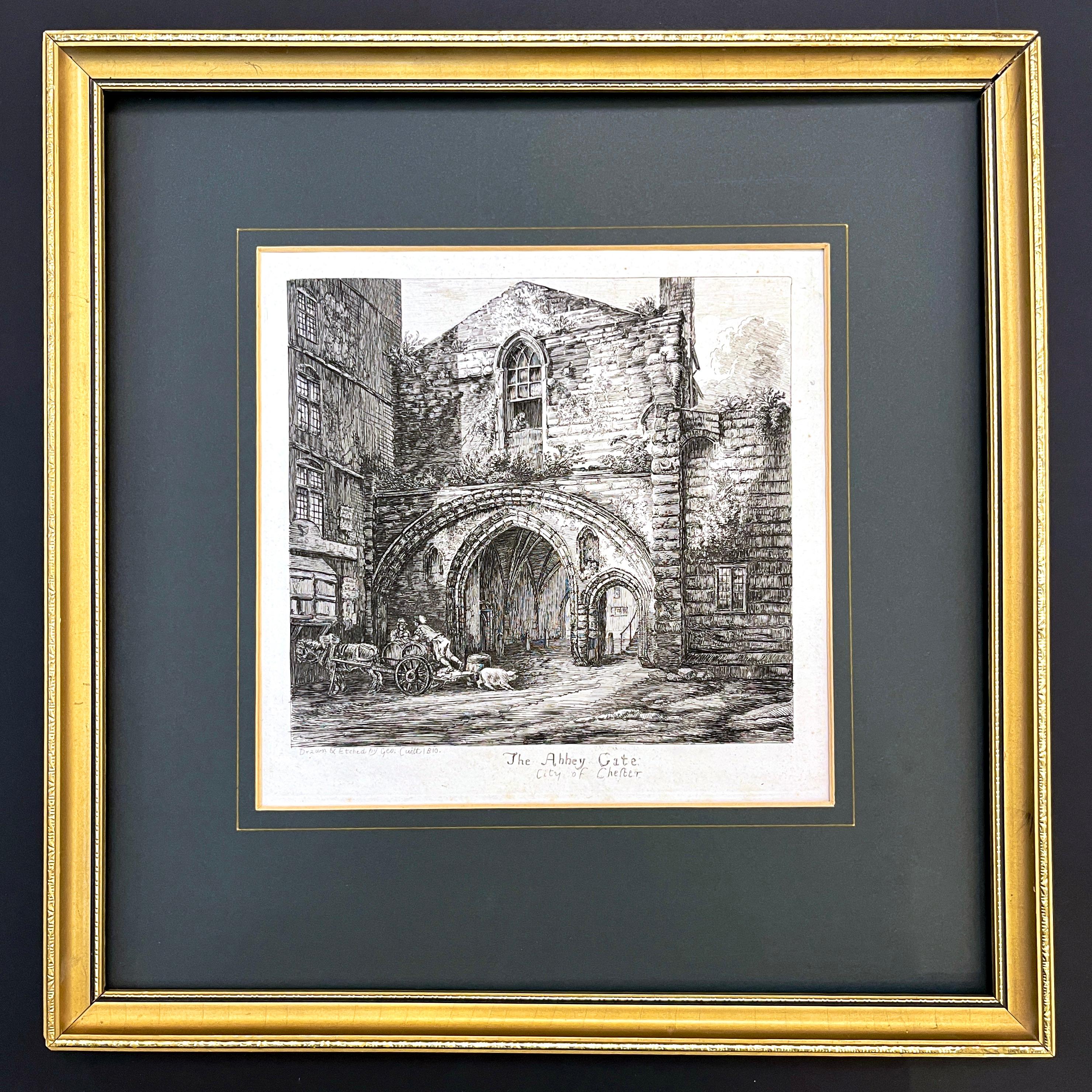19th C. The Abbey Gate English Antique Gold Framed Green Mat Black White Etching For Sale 4