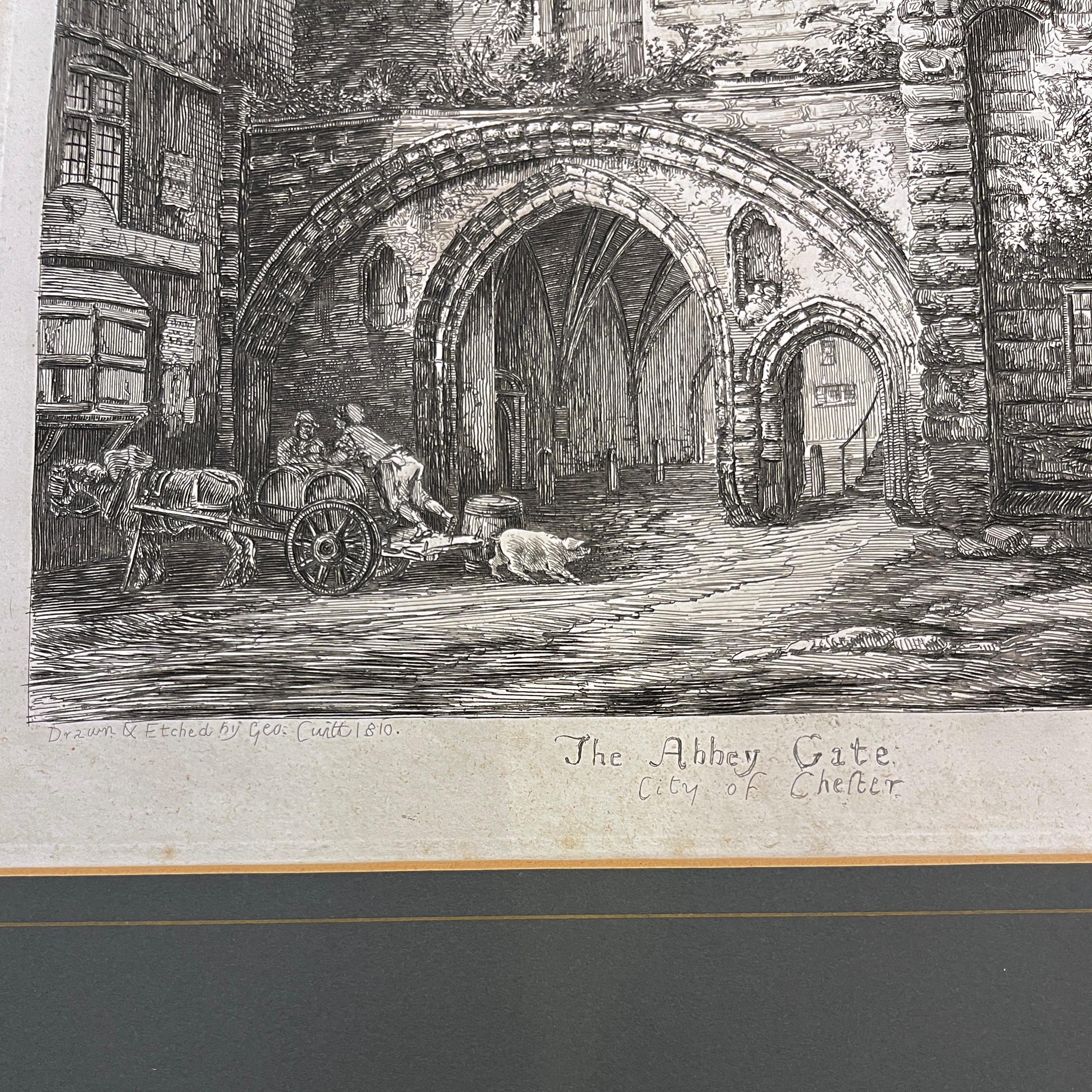 This finely detailed original etching by George Cuit (British, 1779–c.1840), titled The Abbey Gate, City of Chester, dates to 1810, offers a rare and atmospheric glimpse into early 19th-century Chester. Known for his topographical precision and
