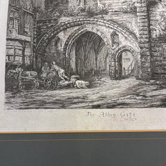 19th C. The Abbey Gate English Antique Gold Framed Green Mat Black White Etching