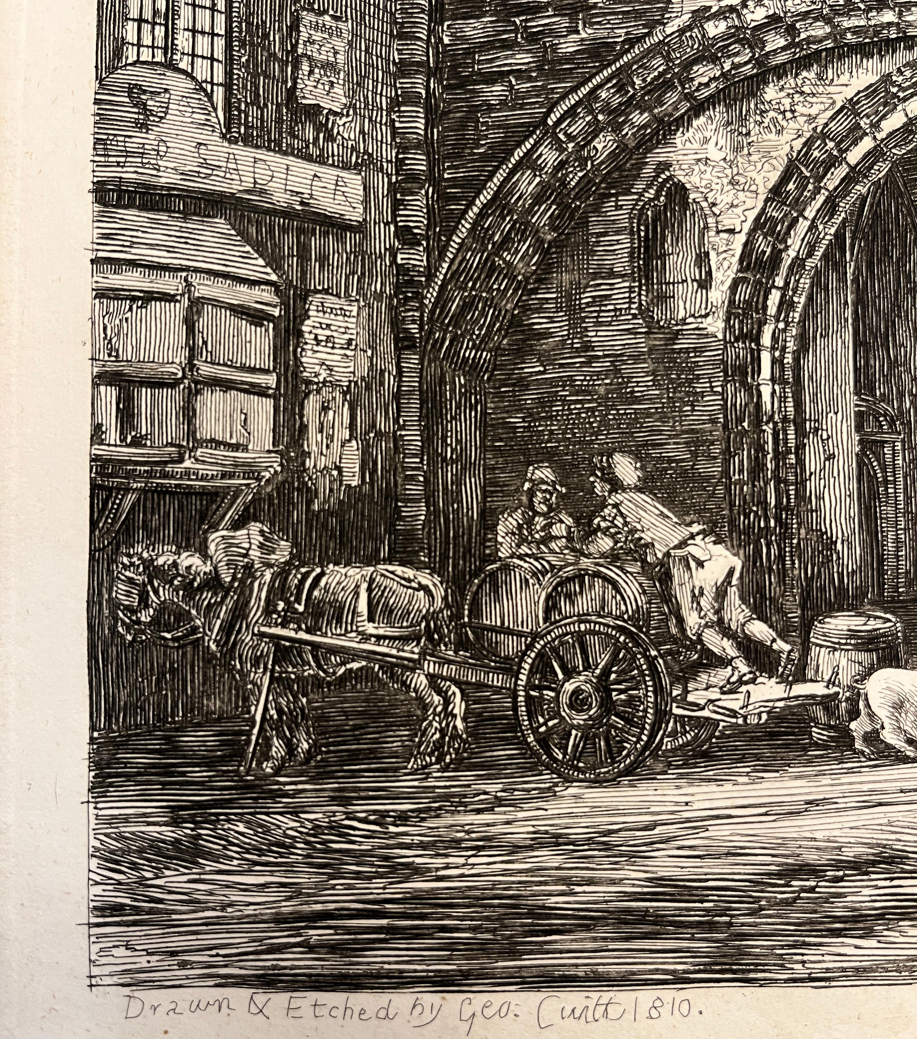 Georgian 19th C. The Abbey Gate English Antique Gold Framed Green Mat Black White Etching For Sale