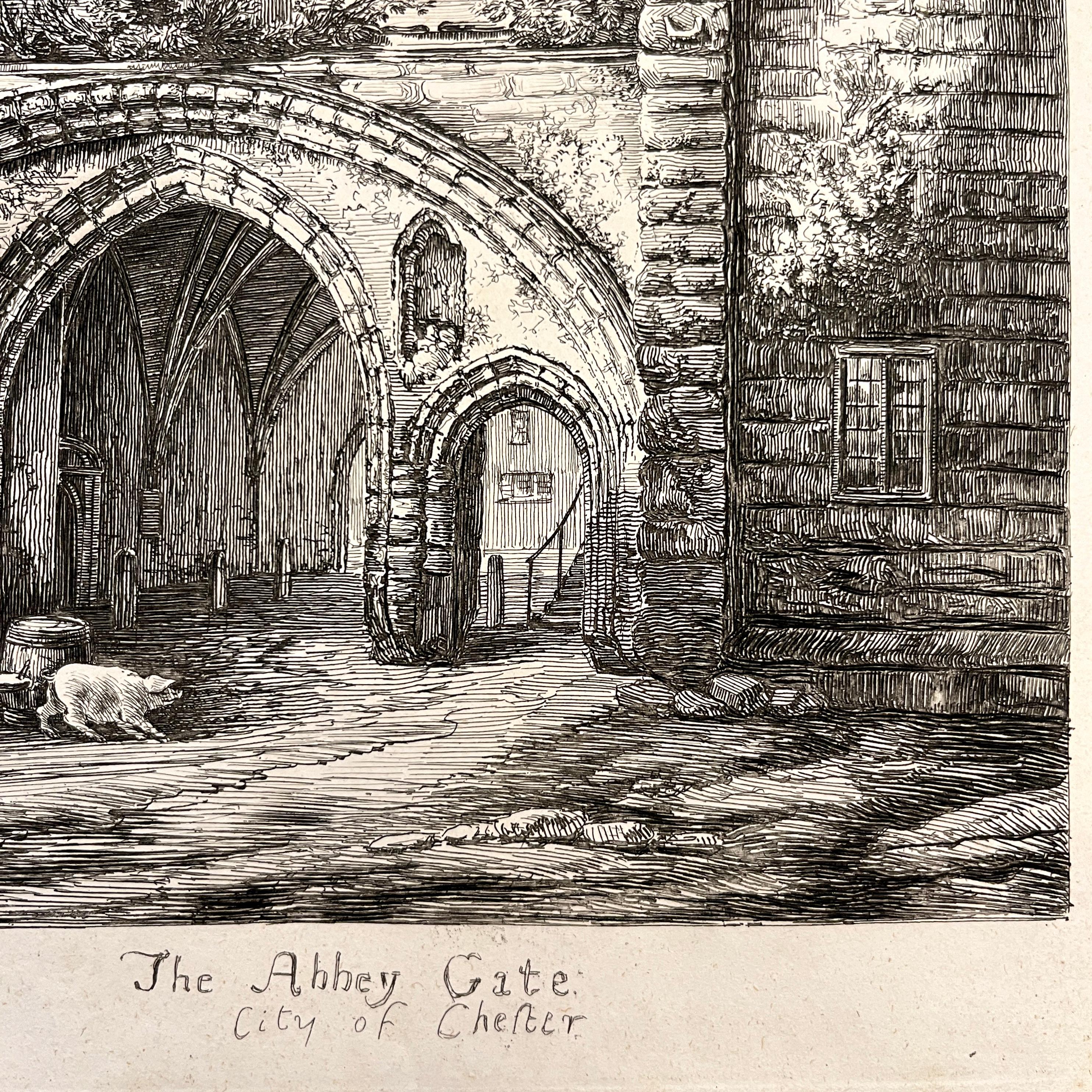 British 19th C. The Abbey Gate English Antique Gold Framed Green Mat Black White Etching For Sale