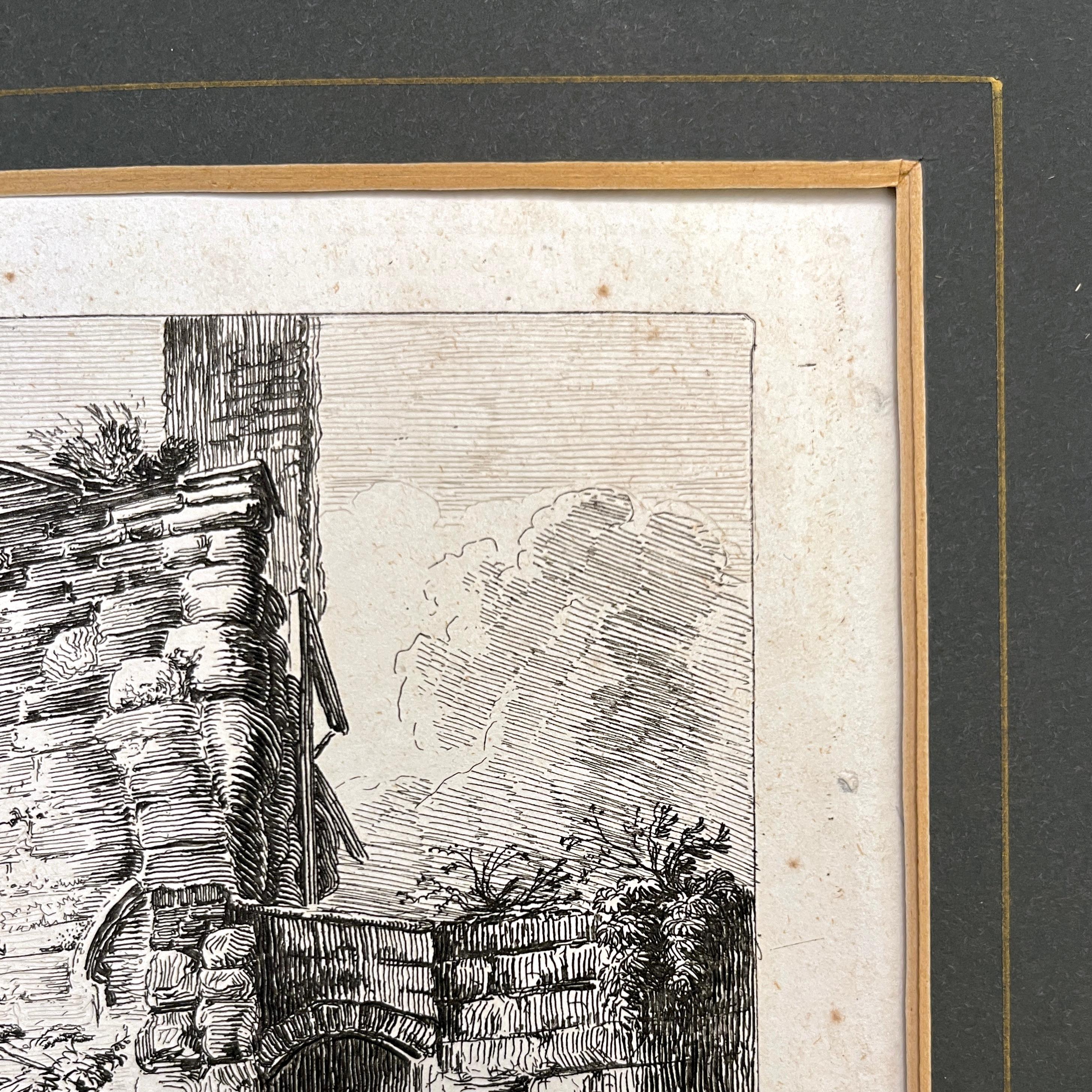 Etched 19th C. The Abbey Gate English Antique Gold Framed Green Mat Black White Etching For Sale