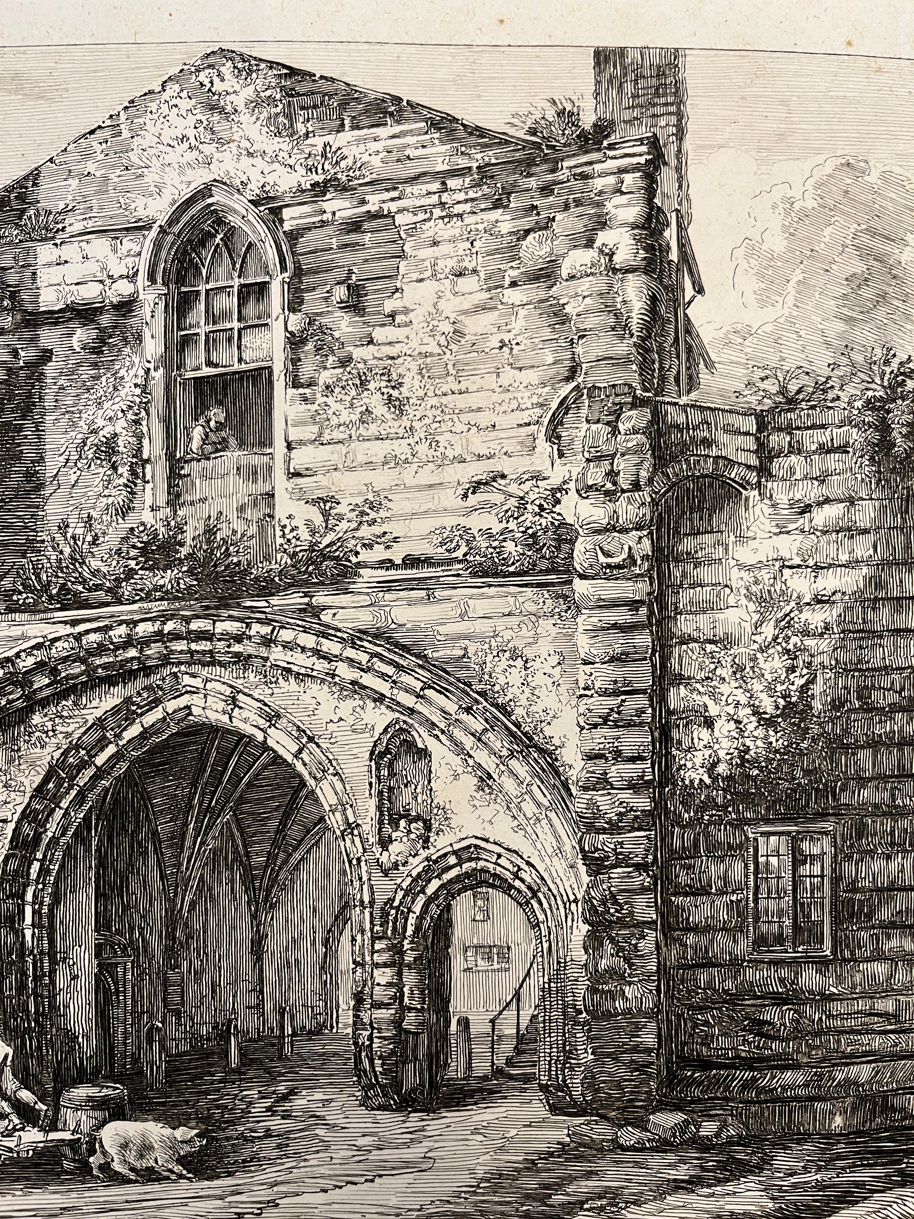 19th C. The Abbey Gate English Antique Gold Framed Green Mat Black White Etching In Good Condition For Sale In New York, NY