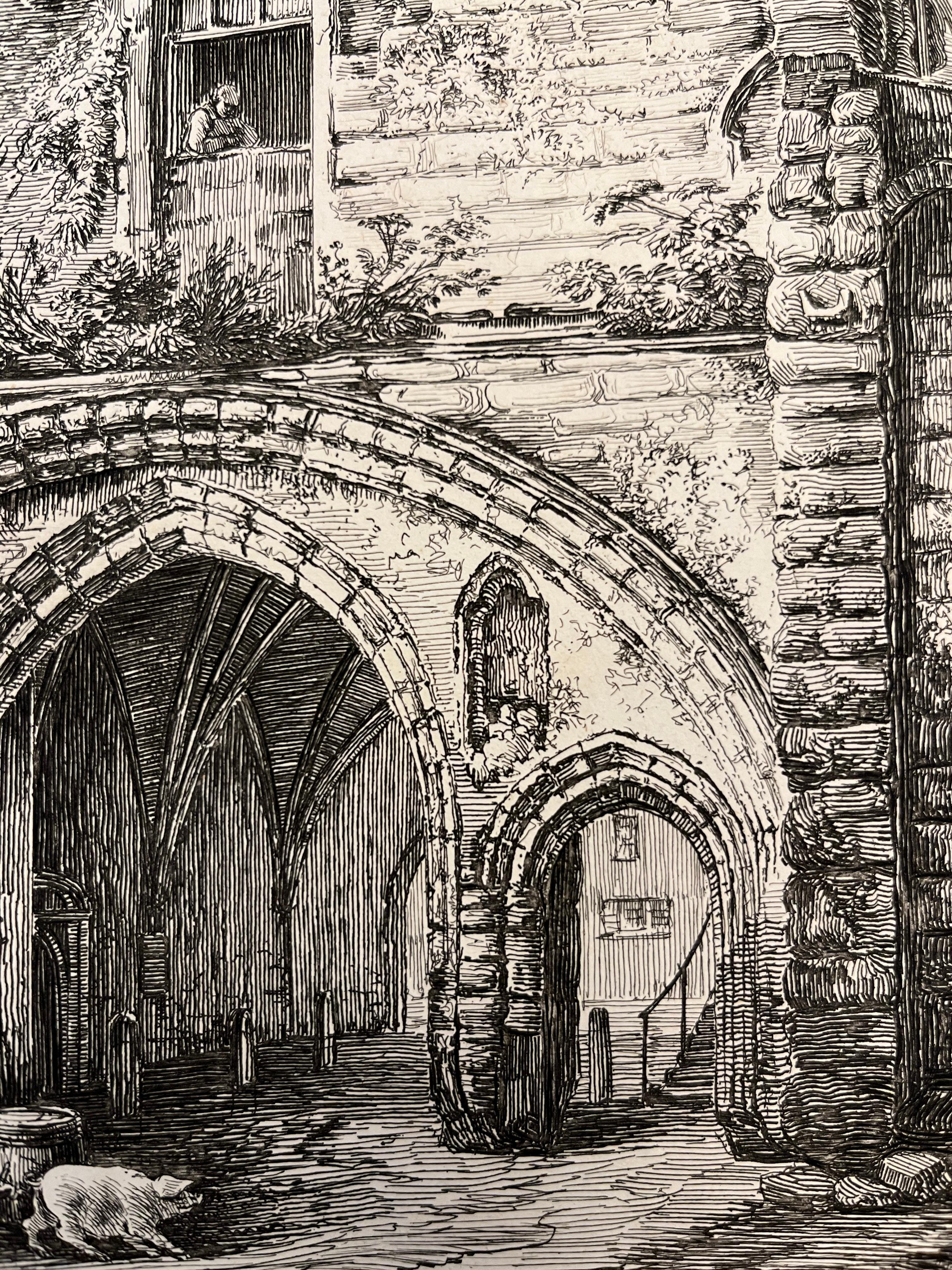 19th Century 19th C. The Abbey Gate English Antique Gold Framed Green Mat Black White Etching For Sale