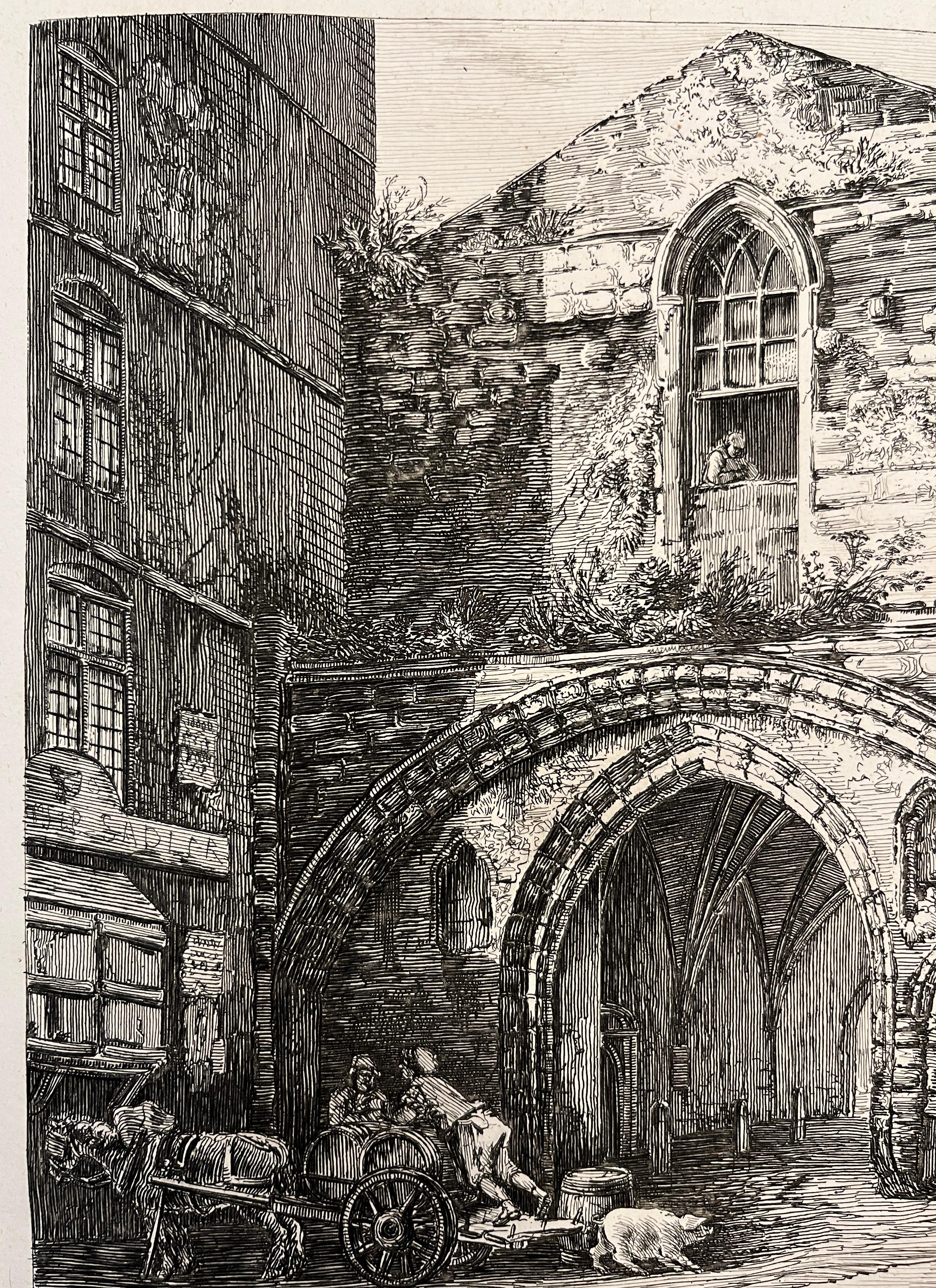 19th C. The Abbey Gate English Antique Gold Framed Green Mat Black White Etching For Sale 1