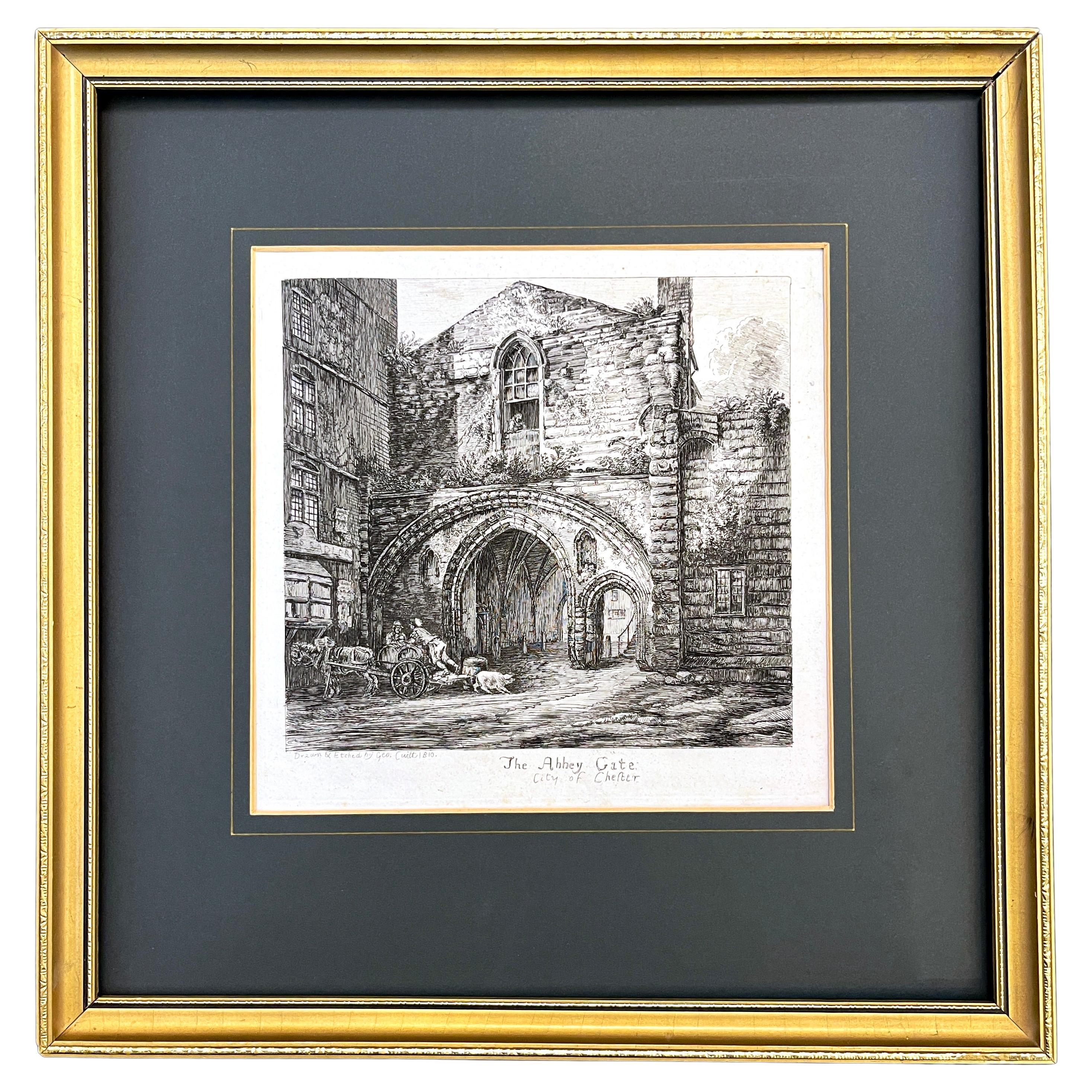 19th C. The Abbey Gate English Antique Gold Framed Green Mat Black White Etching