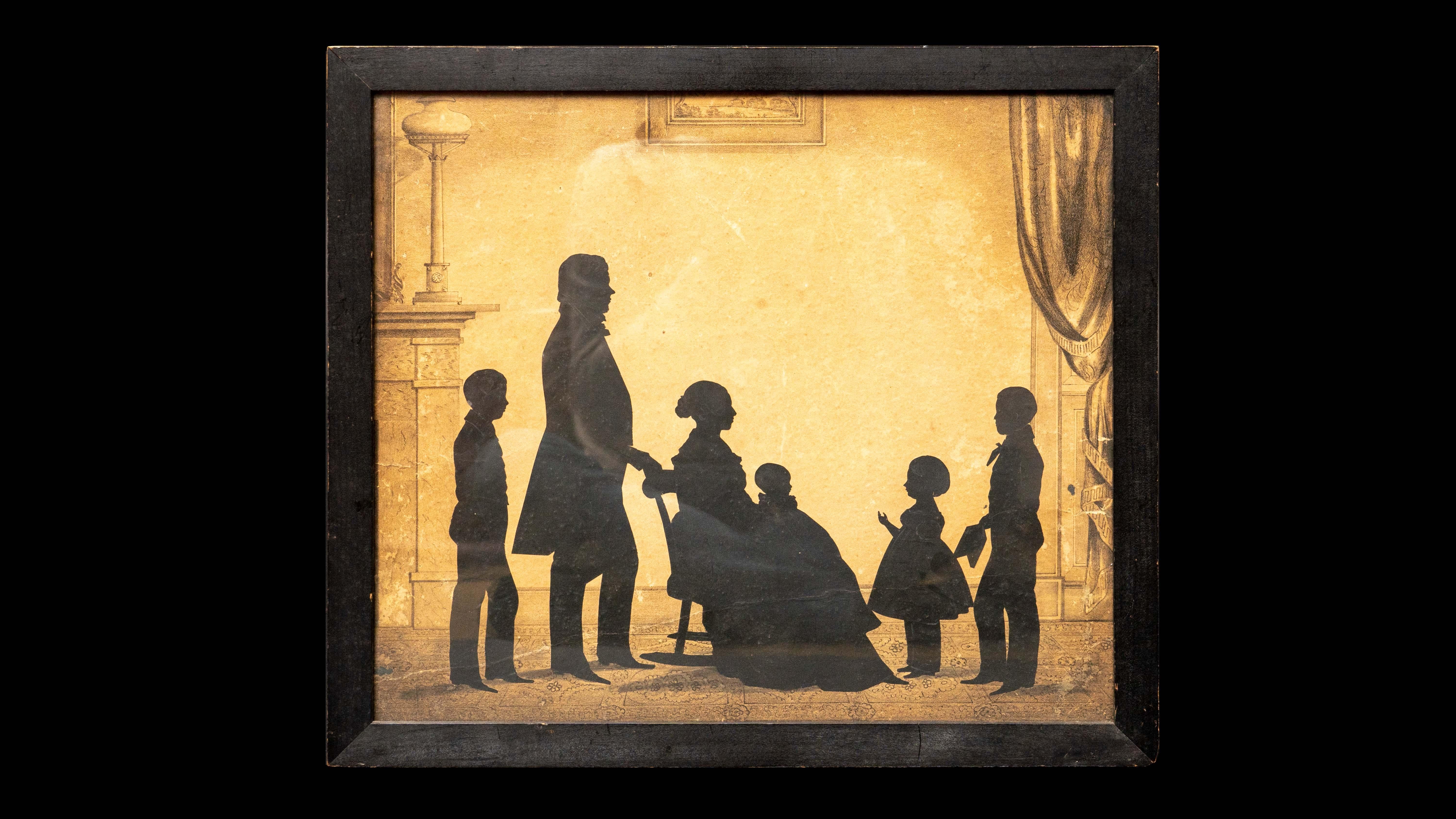 Family Silhouette Scene with 3 Children C 1840 By Auguste Edovant. Handwritten at base of silhouette. 