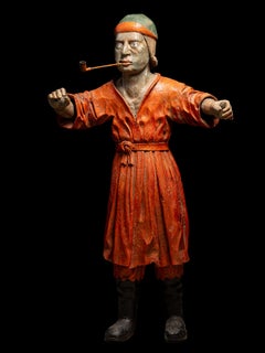 19th C Tobacco Shop Publicity Statue smoking a pipe - polychromed wood.