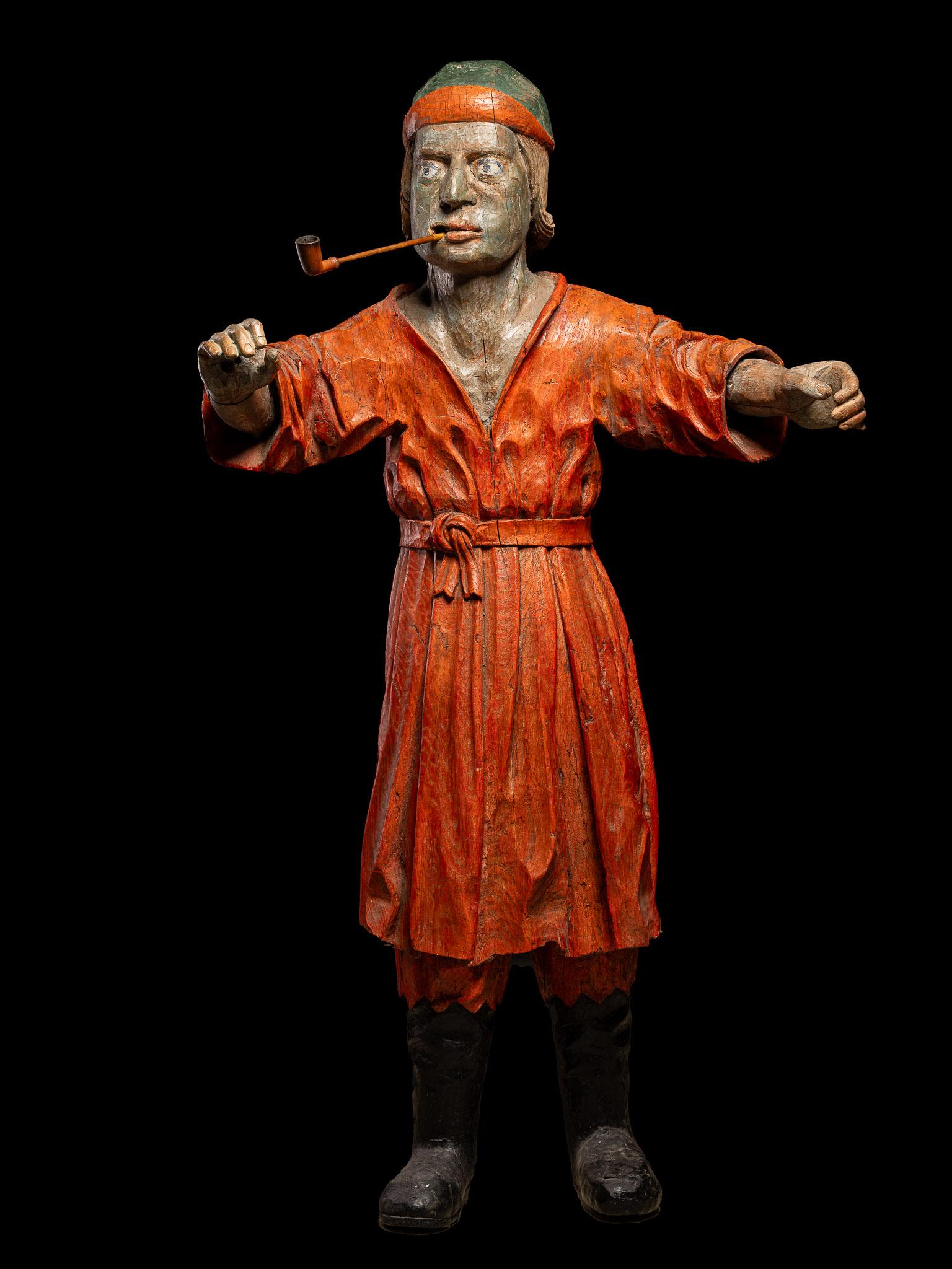 Francese Statua pubblicitaria della tabaccheria del XIX secolo che fuma la pipa - legno policromato. in vendita