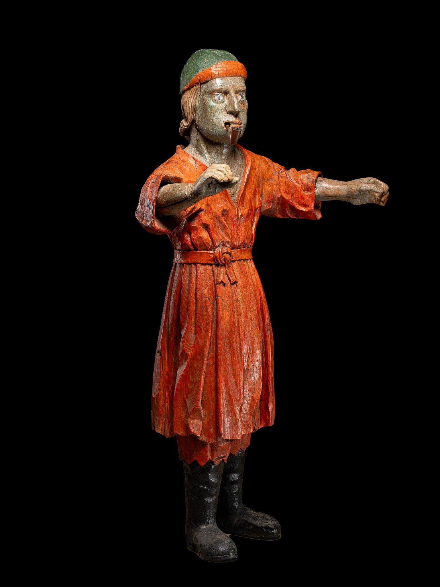 Intagliato a mano Statua pubblicitaria della tabaccheria del XIX secolo che fuma la pipa - legno policromato. in vendita