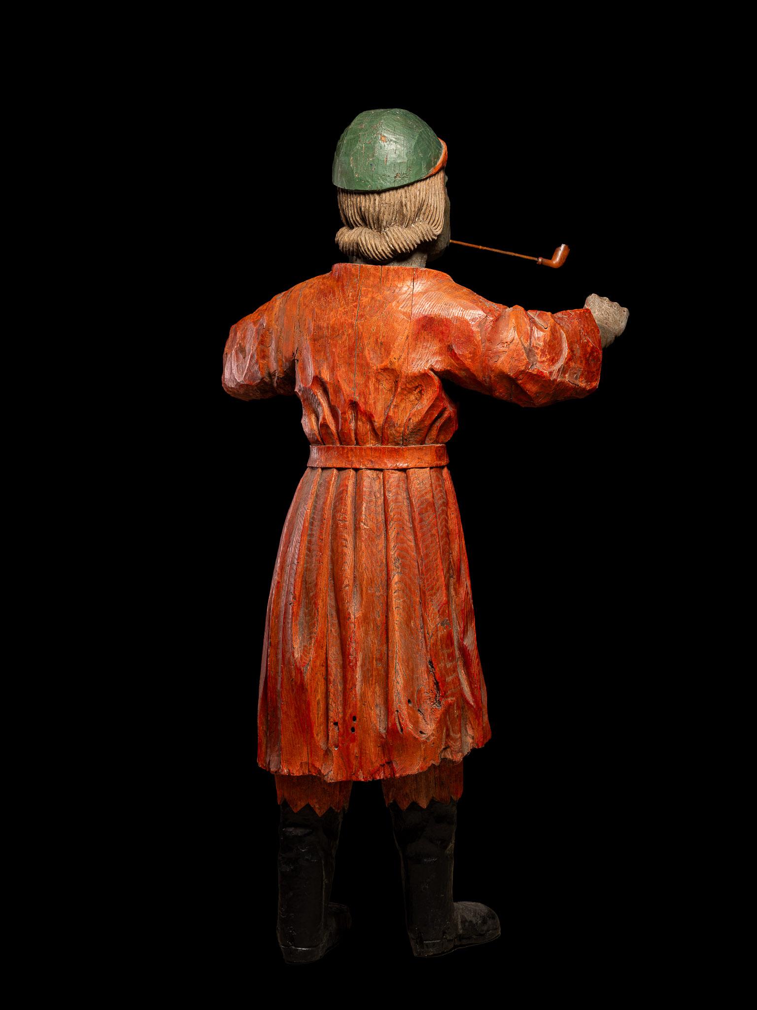 Statua pubblicitaria della tabaccheria del XIX secolo che fuma la pipa - legno policromato. In condizioni buone in vendita a Leuven , BE