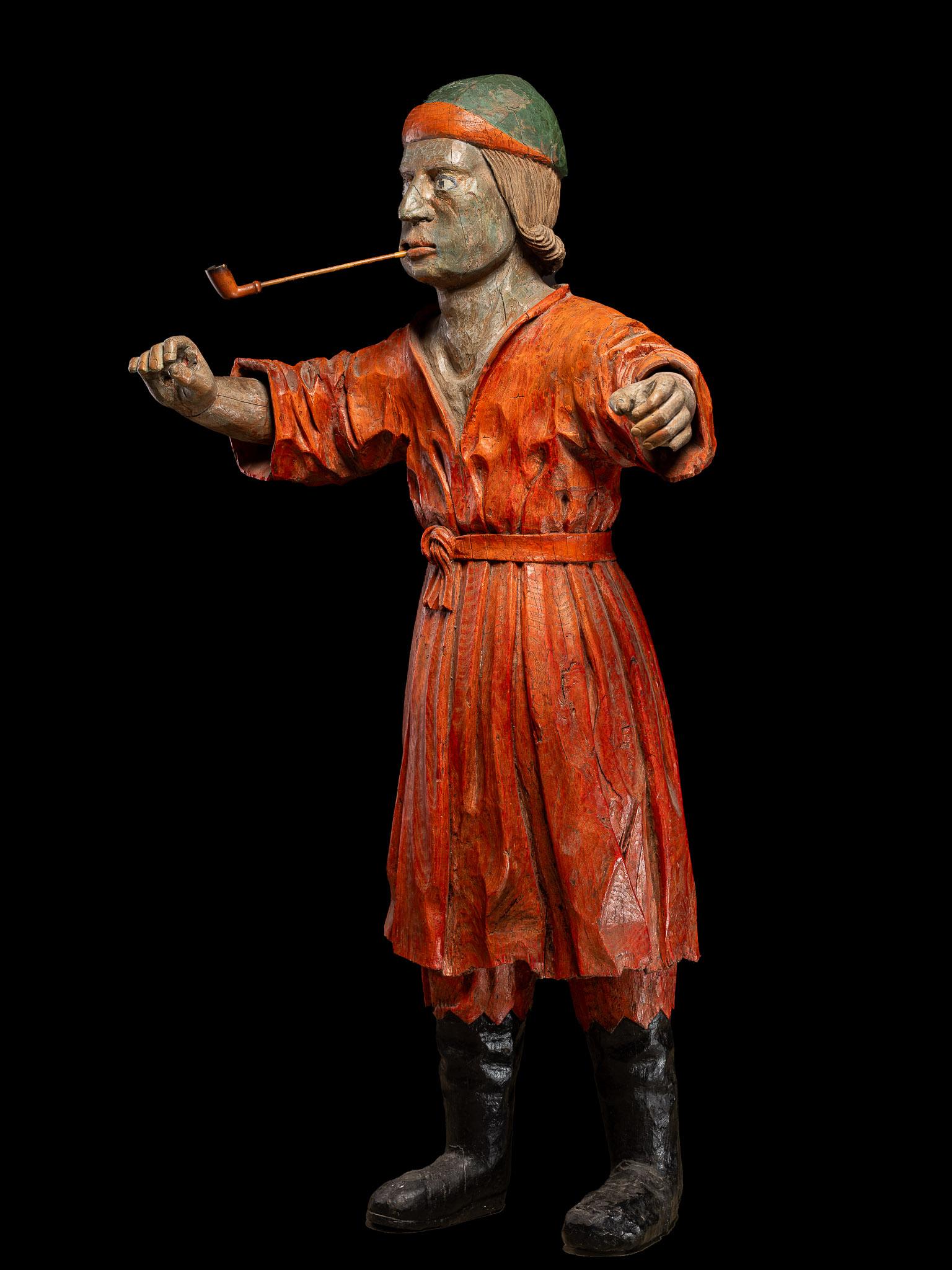 Statua pubblicitaria della tabaccheria del XIX secolo che fuma la pipa - legno policromato. in vendita 1