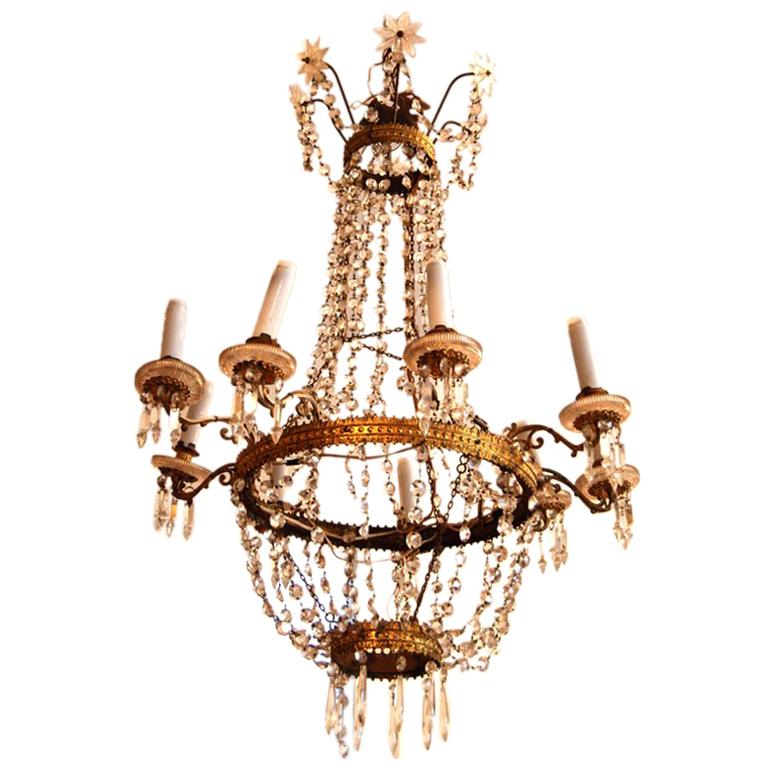 19th c. Tole and Crystal Chandelier For Sale