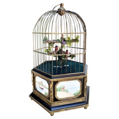 19th C. Triple Singing Automaton Singing Birds Gilt Mechanical Antiques Birdcage