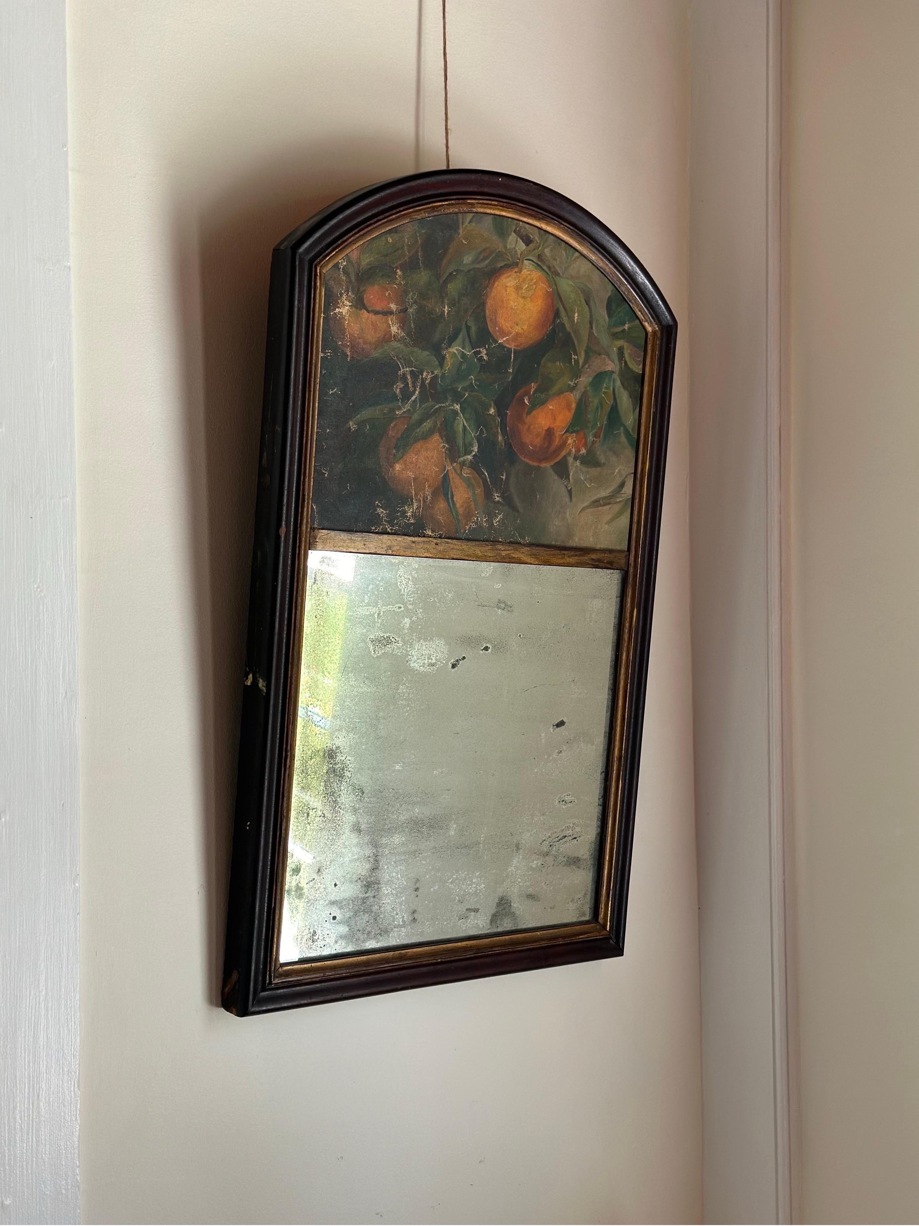19th C. Trumeau mirror, botanical painting of oranges
Oil on board
Distressed paint and glass