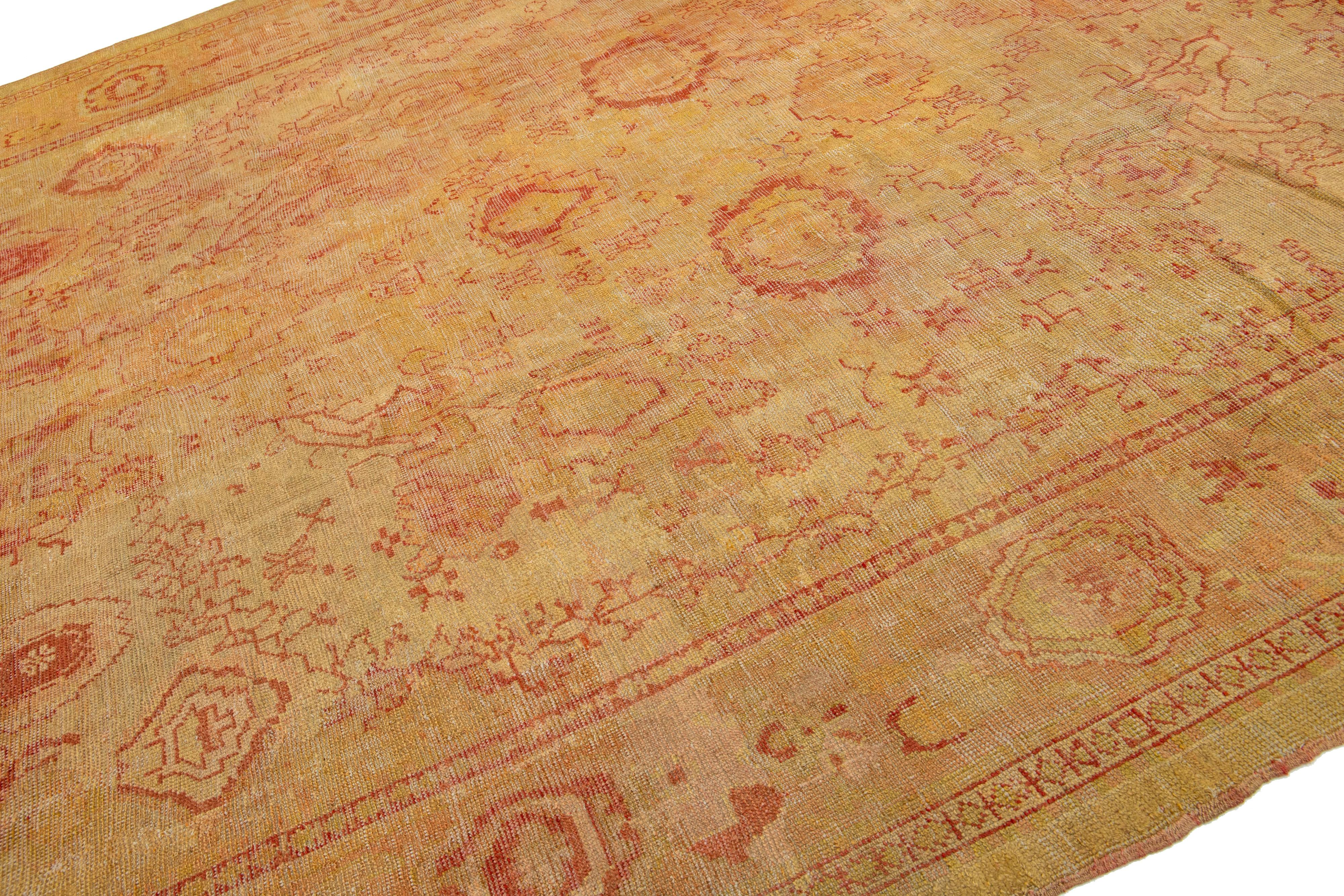 Hand-Knotted 19th. C. Turkish Oushak Wool Rug In Tan with Allover Floral Design For Sale