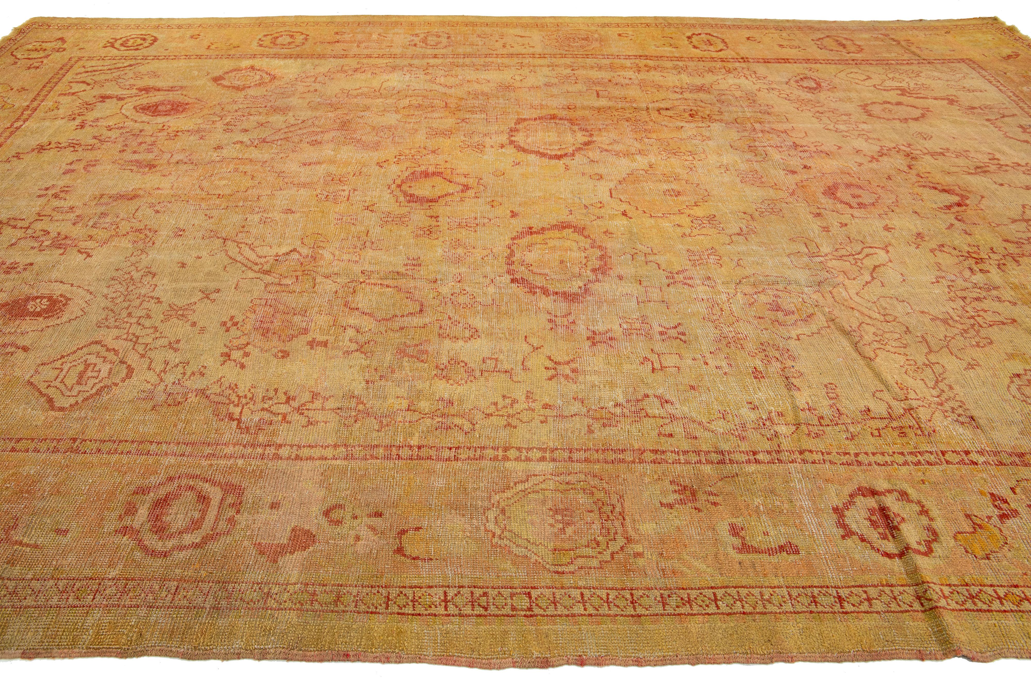 20th Century 19th. C. Turkish Oushak Wool Rug In Tan with Allover Floral Design For Sale