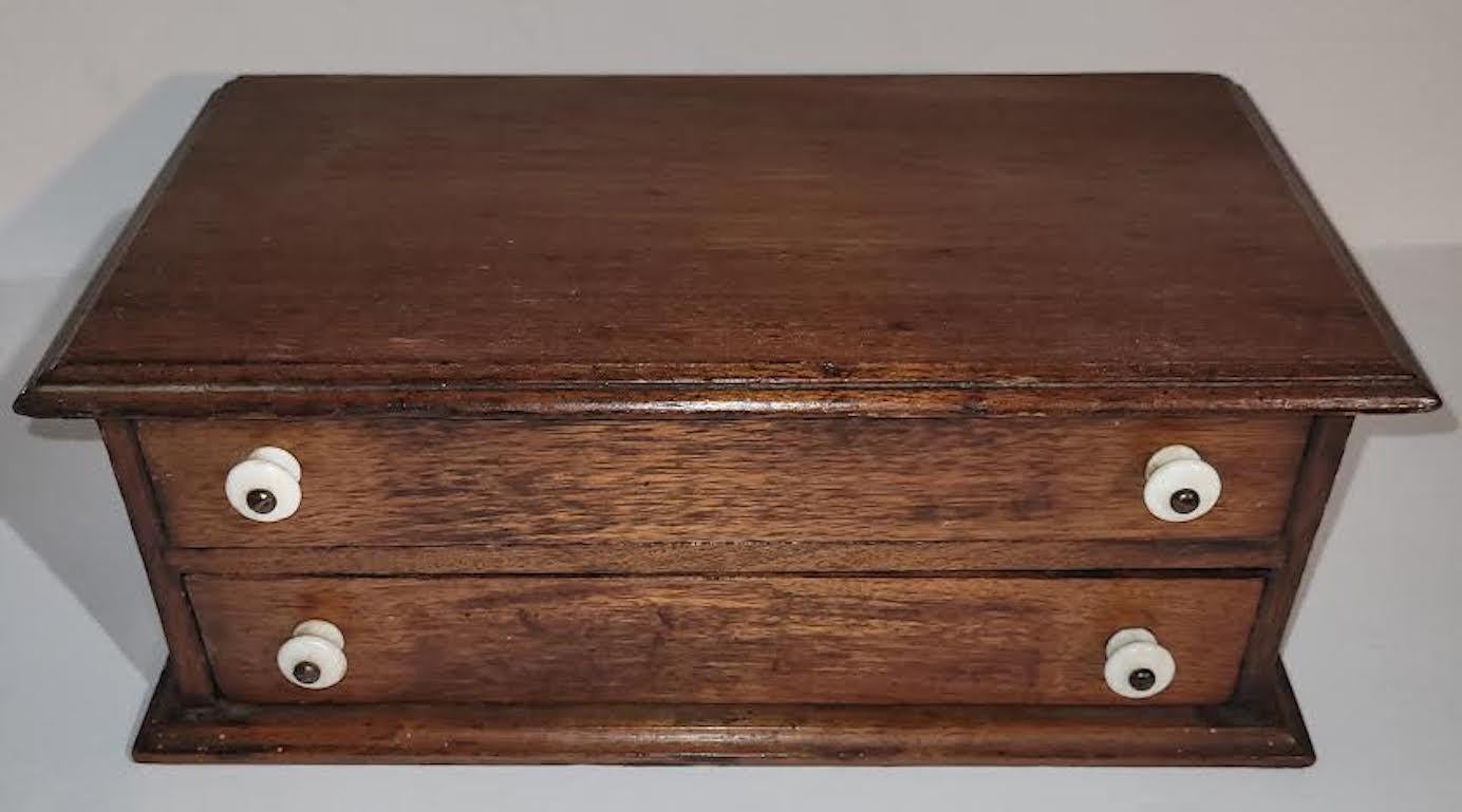 19th C Two Draw Sewing Box with Porcelain Knobs For Sale 2