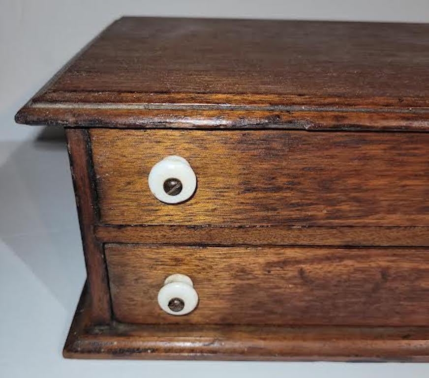 Wood 19th C Two Draw Sewing Box with Porcelain Knobs For Sale