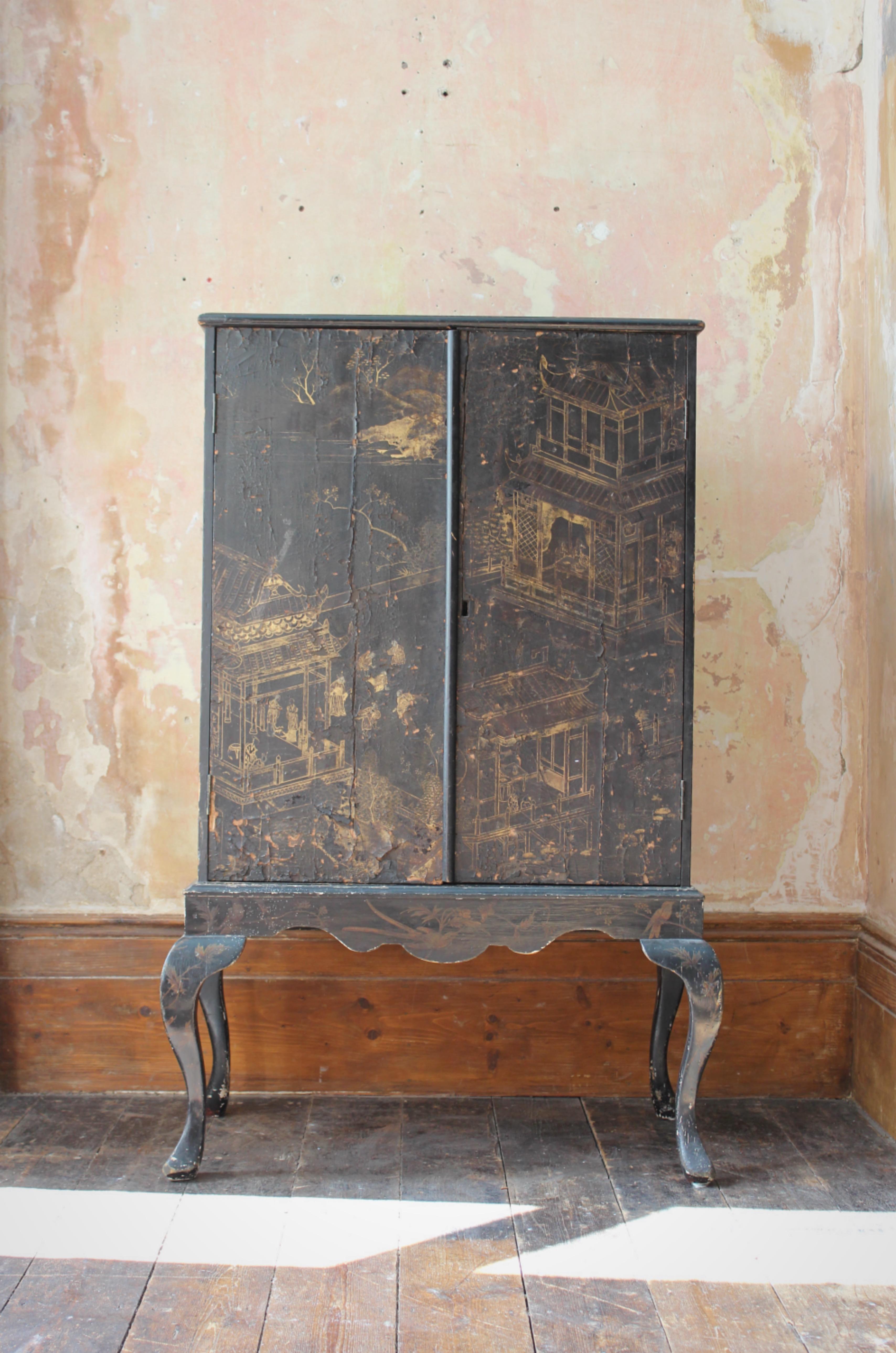 19th C Untouched Country House Black Lacquered Gilt Chinoiserie Cabinet on Stand 4
