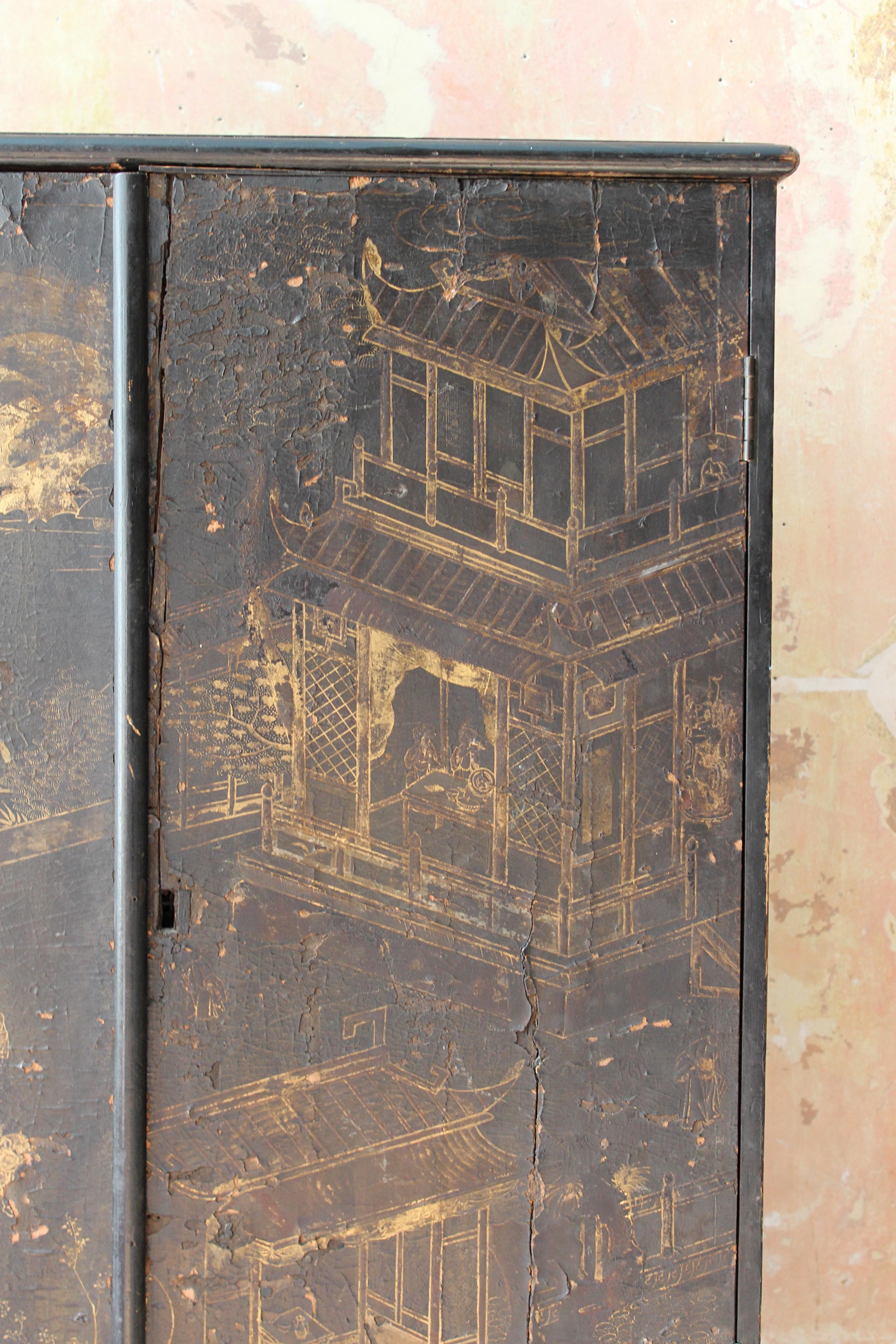 19th C Untouched Country House Black Lacquered Gilt Chinoiserie Cabinet on Stand 5