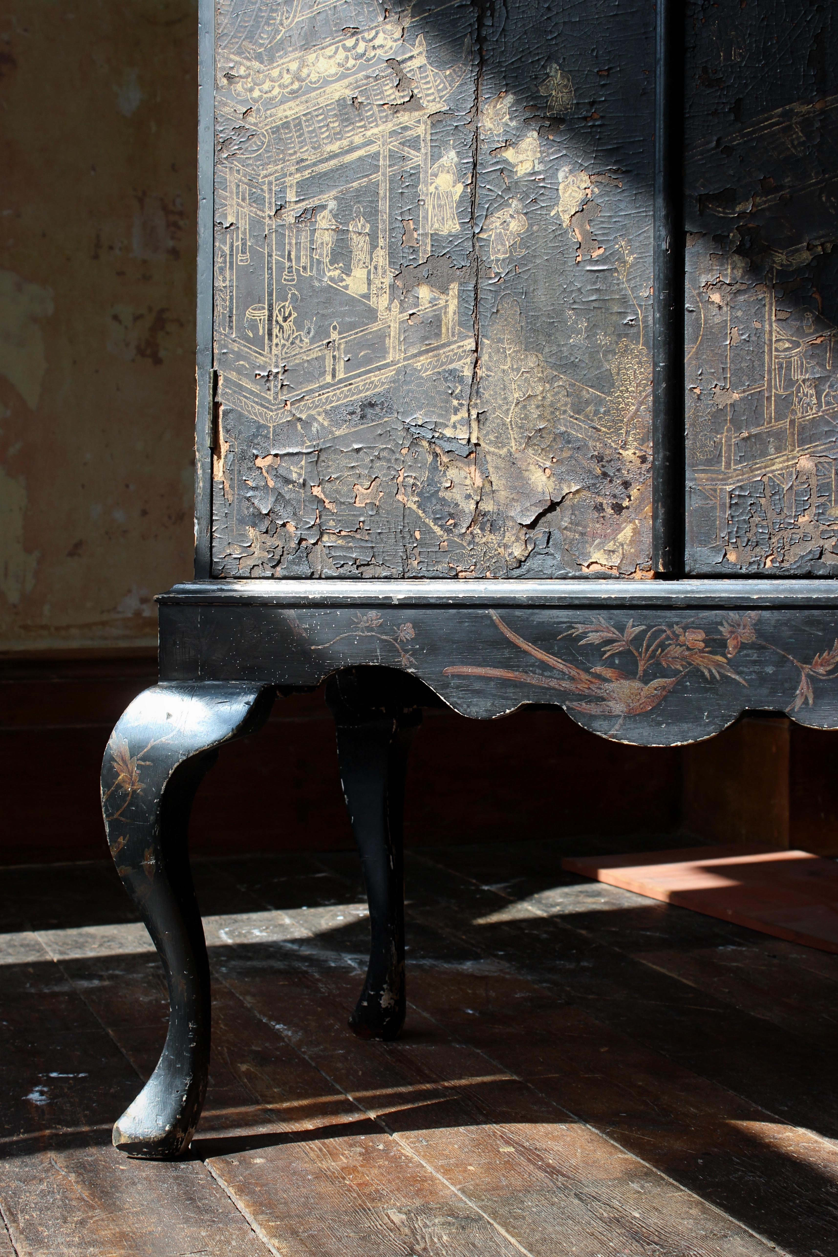 19th Century 19th C Untouched Country House Black Lacquered Gilt Chinoiserie Cabinet on Stand