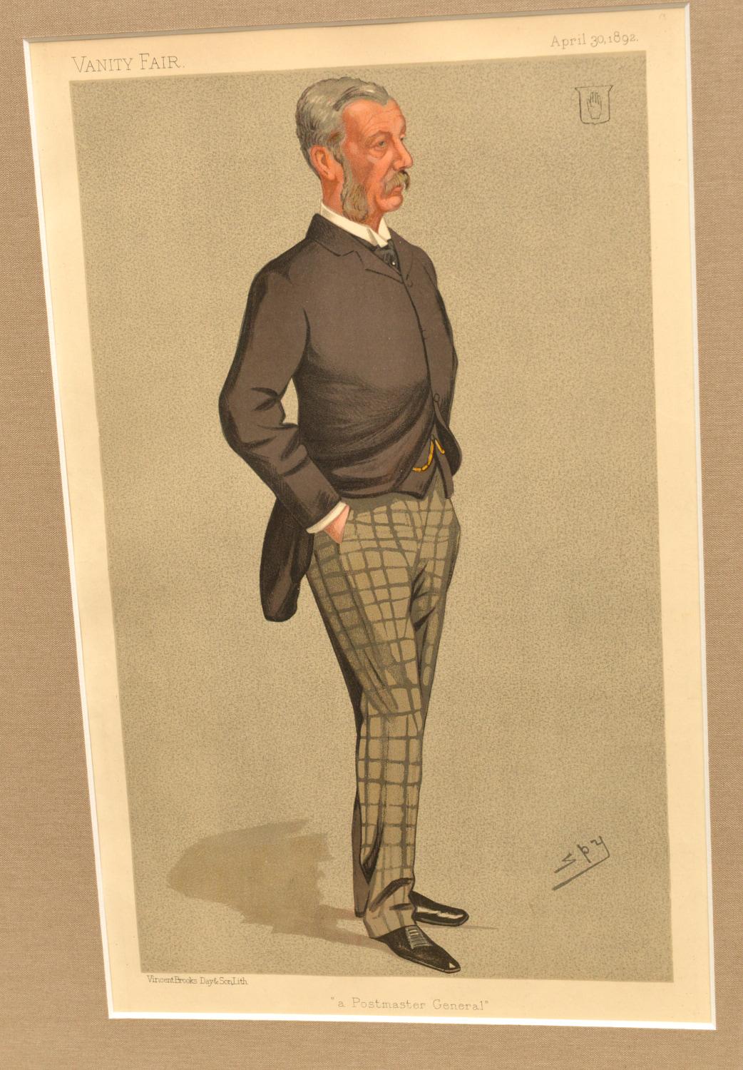 [English Gentlemen], tiré de Vanity Fair, chromolithographie, sur papier vélin. Imprimé par Vincent Brooks Day & Son, avec diverses dates de 1875 à 1897. 

Encadrées professionnellement avec des cadres noirs et dorés et des passe-partout en soie