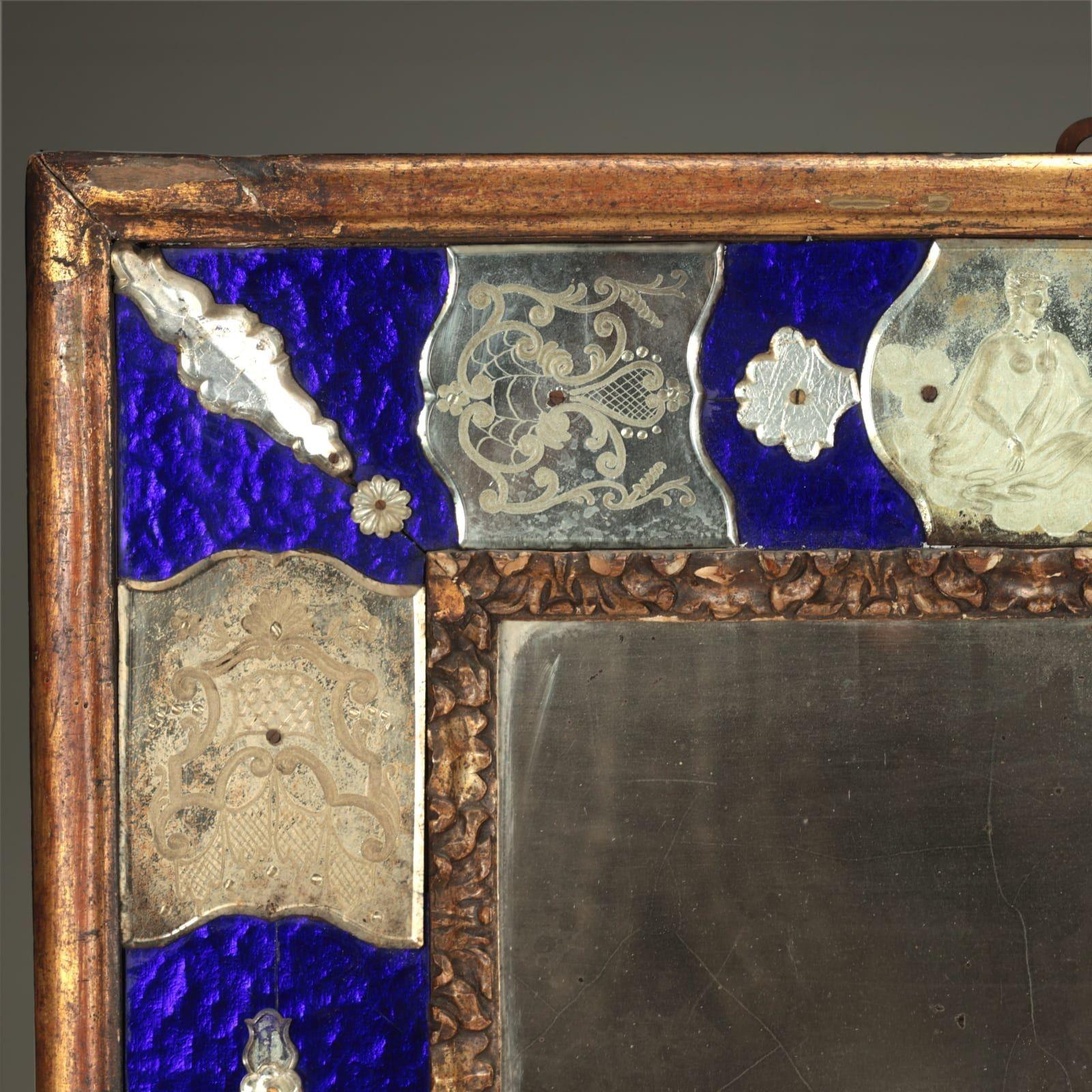 Italian 19th c. Venetian Murano Mirror with Blue Glass and Reverse Etched Mirror Plates