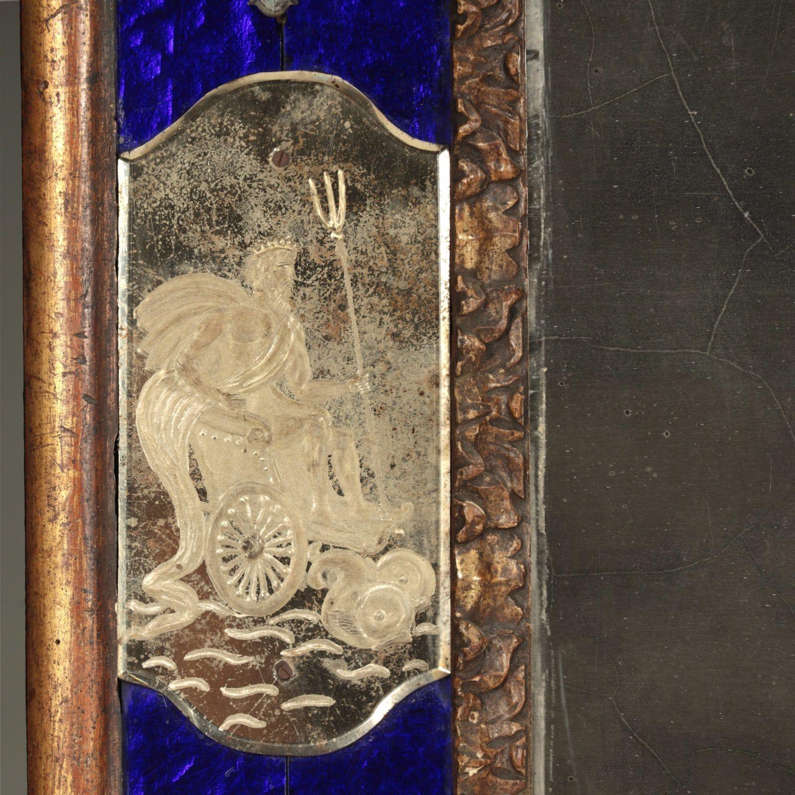 Hand-Carved 19th c. Venetian Murano Mirror with Blue Glass and Reverse Etched Mirror Plates