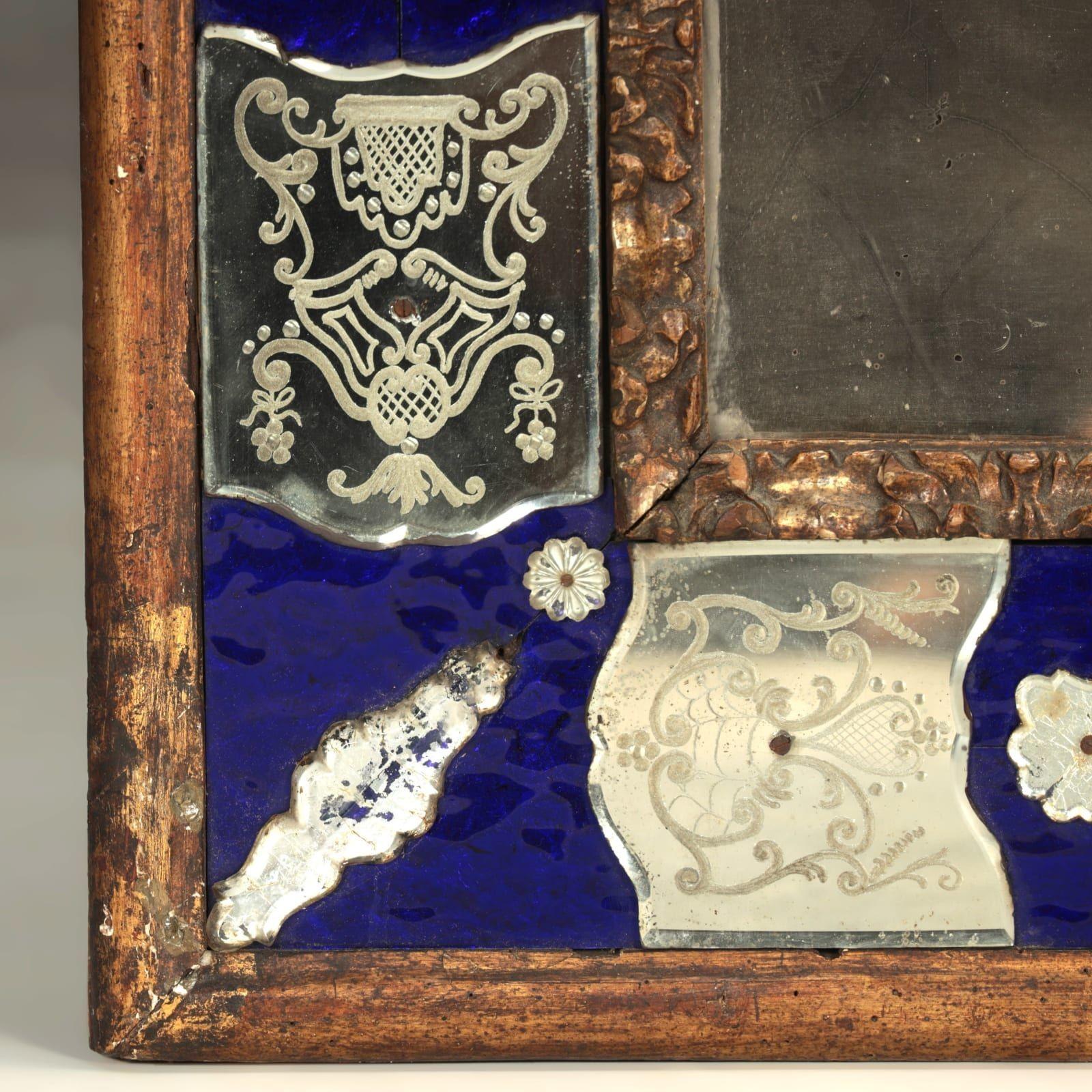 19th c. Venetian Murano Mirror with Blue Glass and Reverse Etched Mirror Plates In Good Condition In Wichita, KS