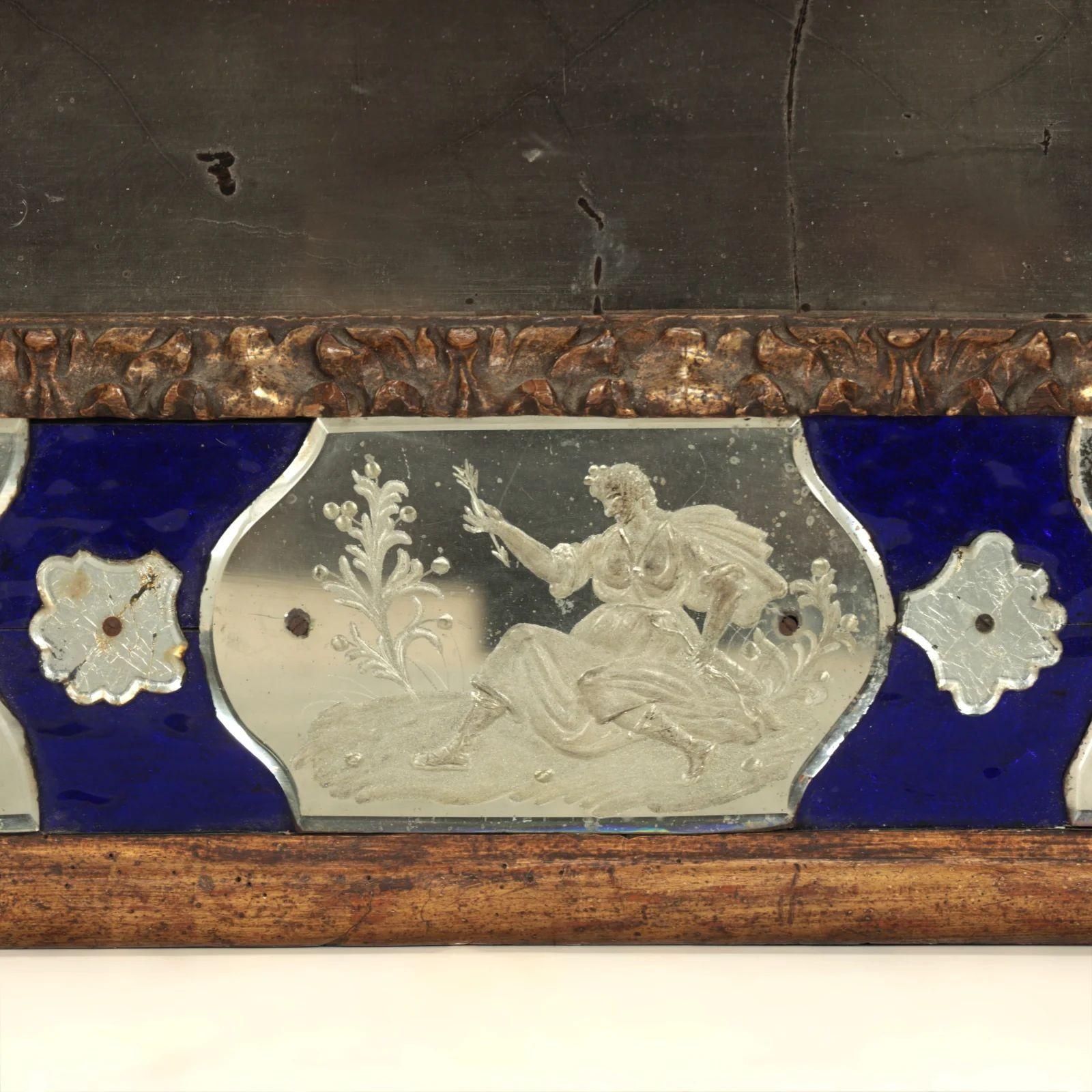 19th Century 19th c. Venetian Murano Mirror with Blue Glass and Reverse Etched Mirror Plates