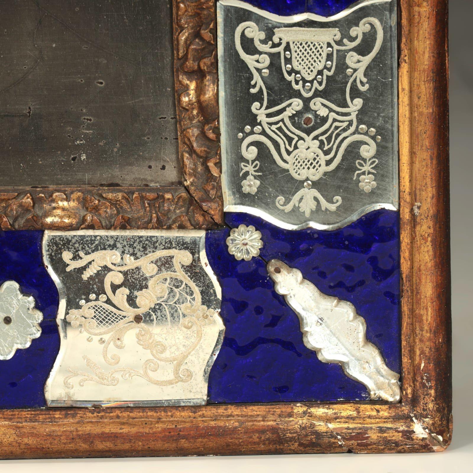 19th c. Venetian Murano Mirror with Blue Glass and Reverse Etched Mirror Plates 1