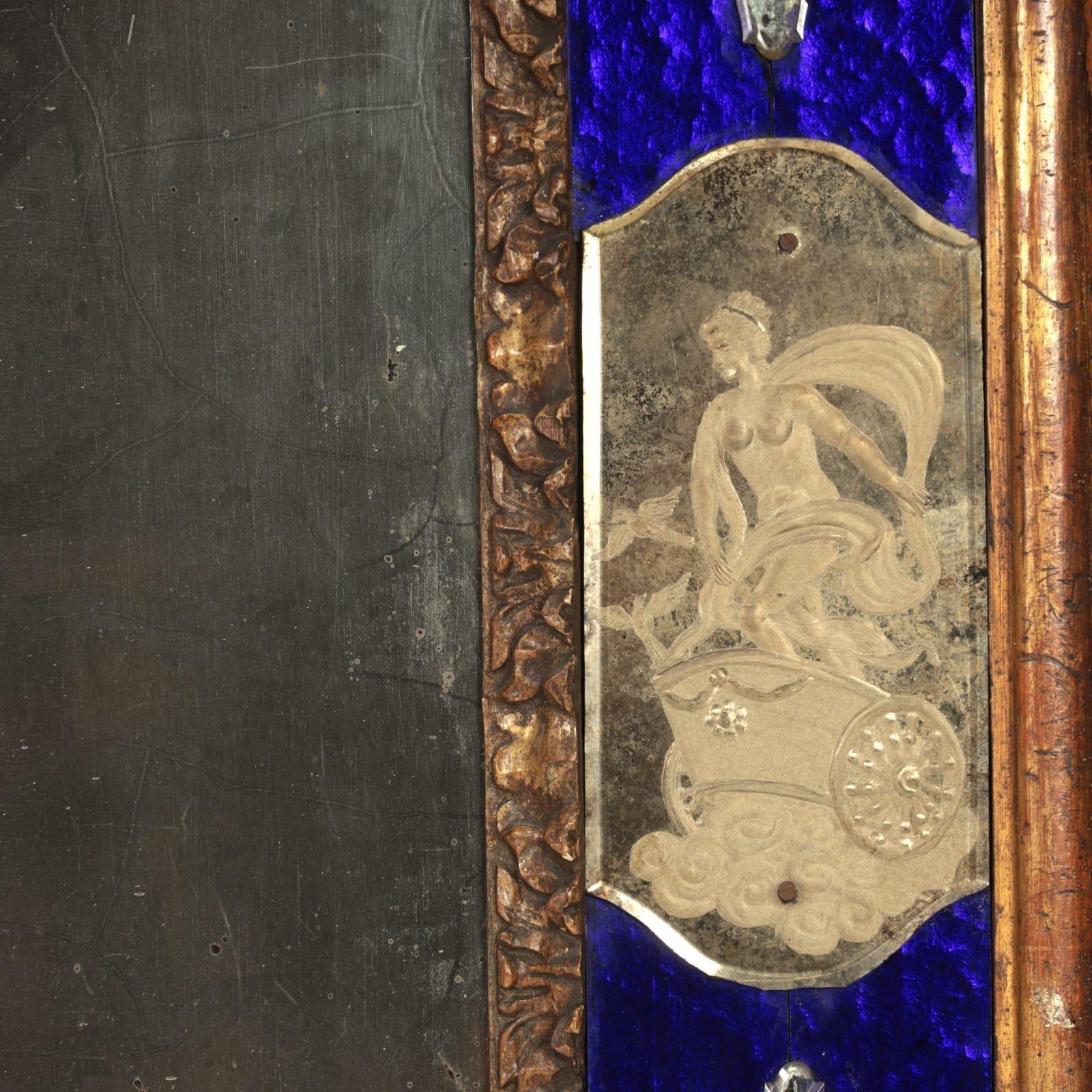 19th c. Venetian Murano Mirror with Blue Glass and Reverse Etched Mirror Plates 2
