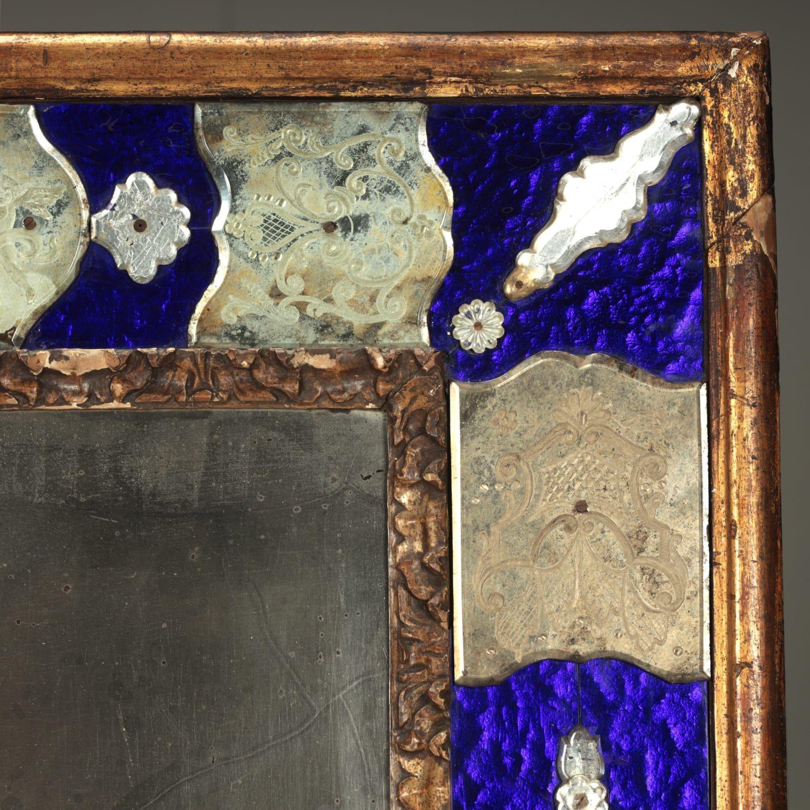 19th c. Venetian Murano Mirror with Blue Glass and Reverse Etched Mirror Plates 3