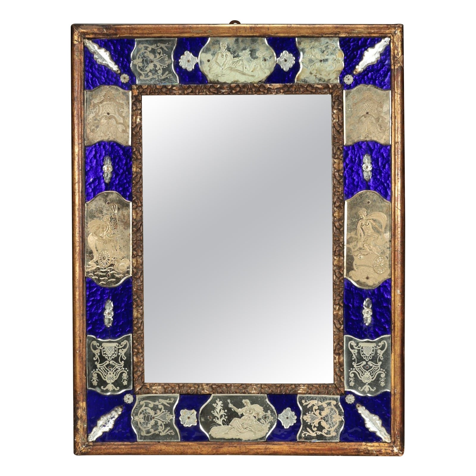 19th c. Venetian Murano Mirror with Blue Glass and Reverse Etched Mirror Plates