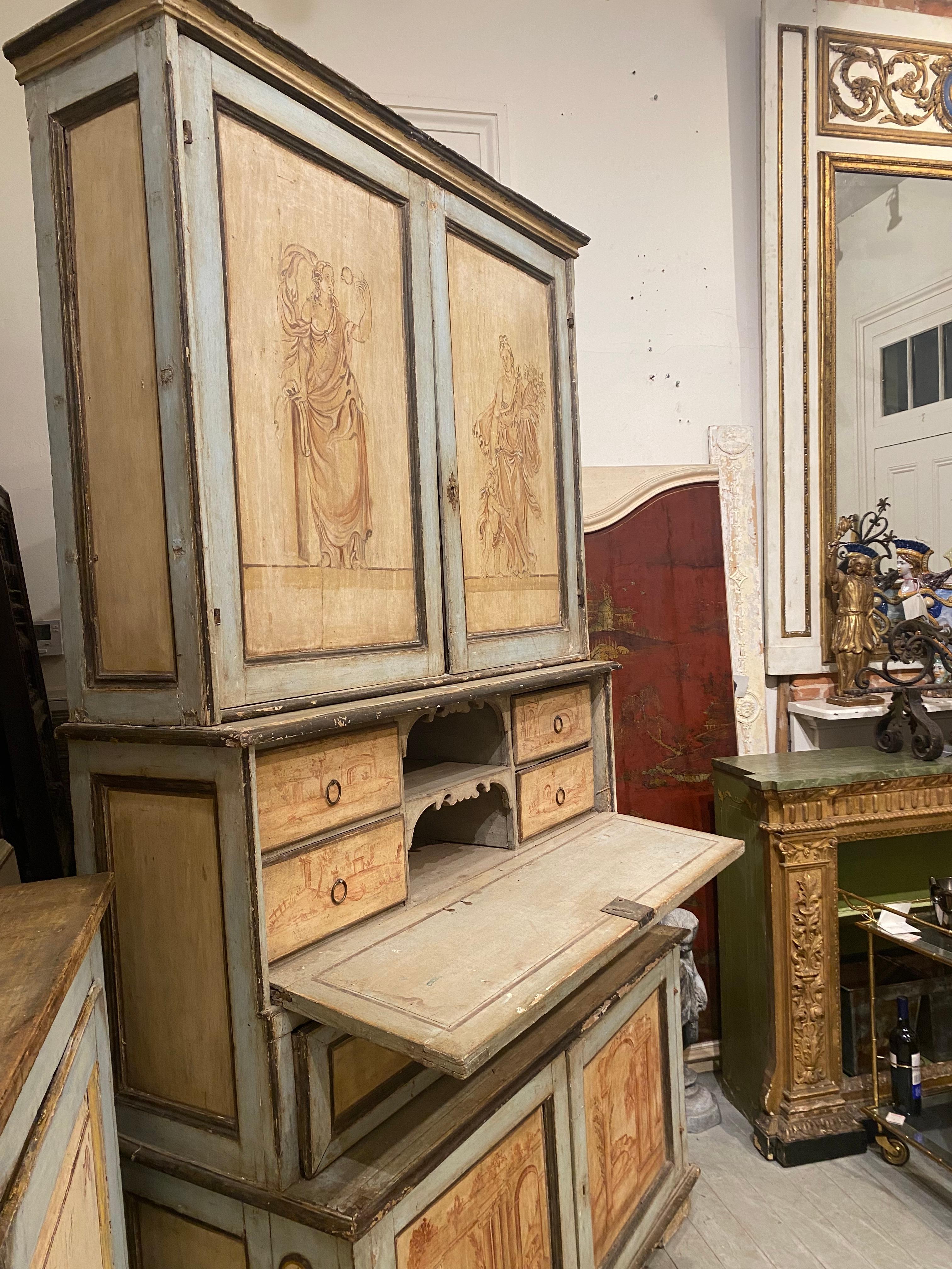 Fantastic Italian Venetian Painted secretary/cabinet. This piece has a wonderful color palette but I believe that was done in the early 20th century. The piece is so versatile that it can be used in almost every room in the house. It would be