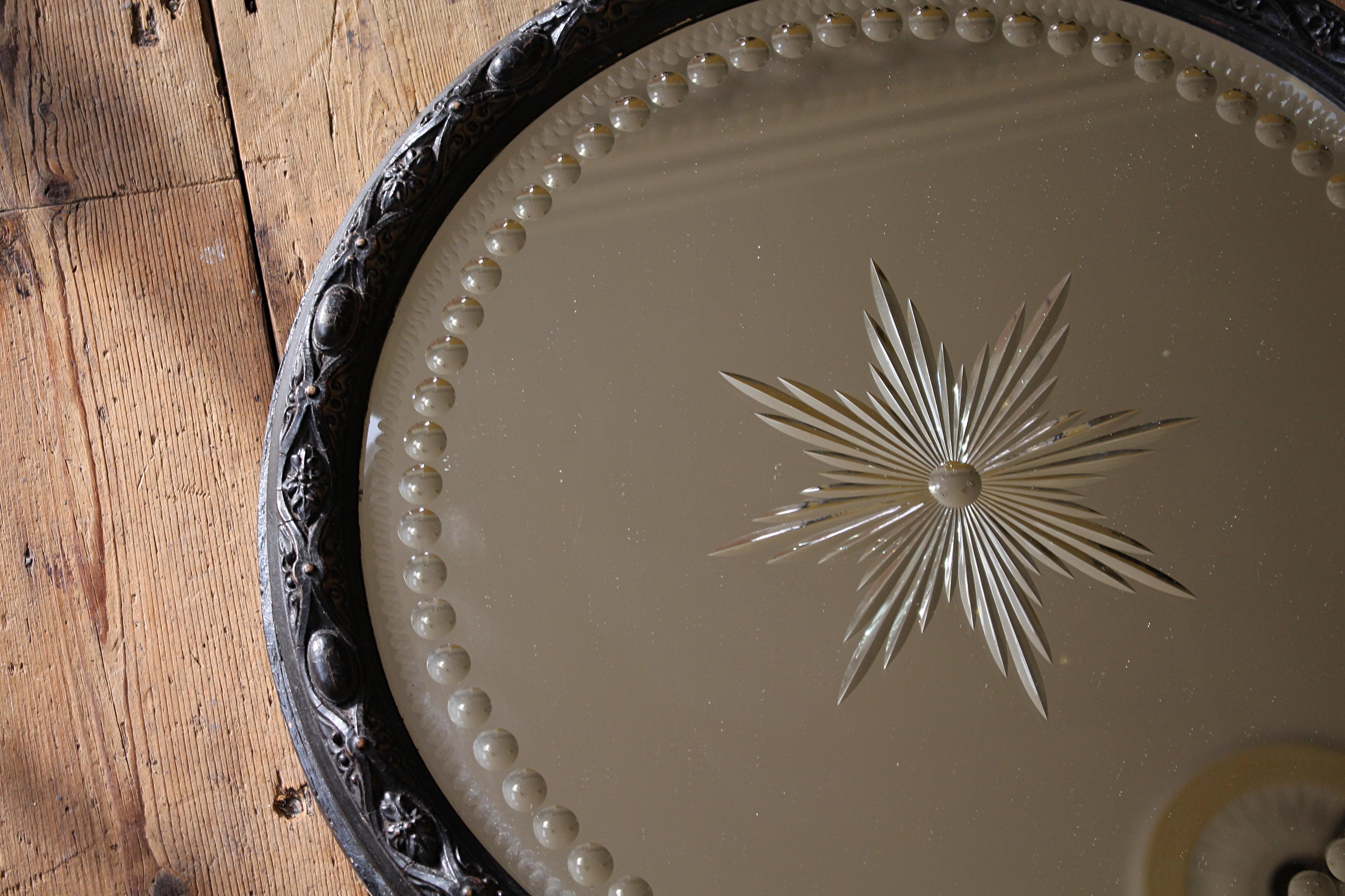 Late Victorian 19th C Very Large Ebonised Sorceress Witches Convex Star Distortion Mirror