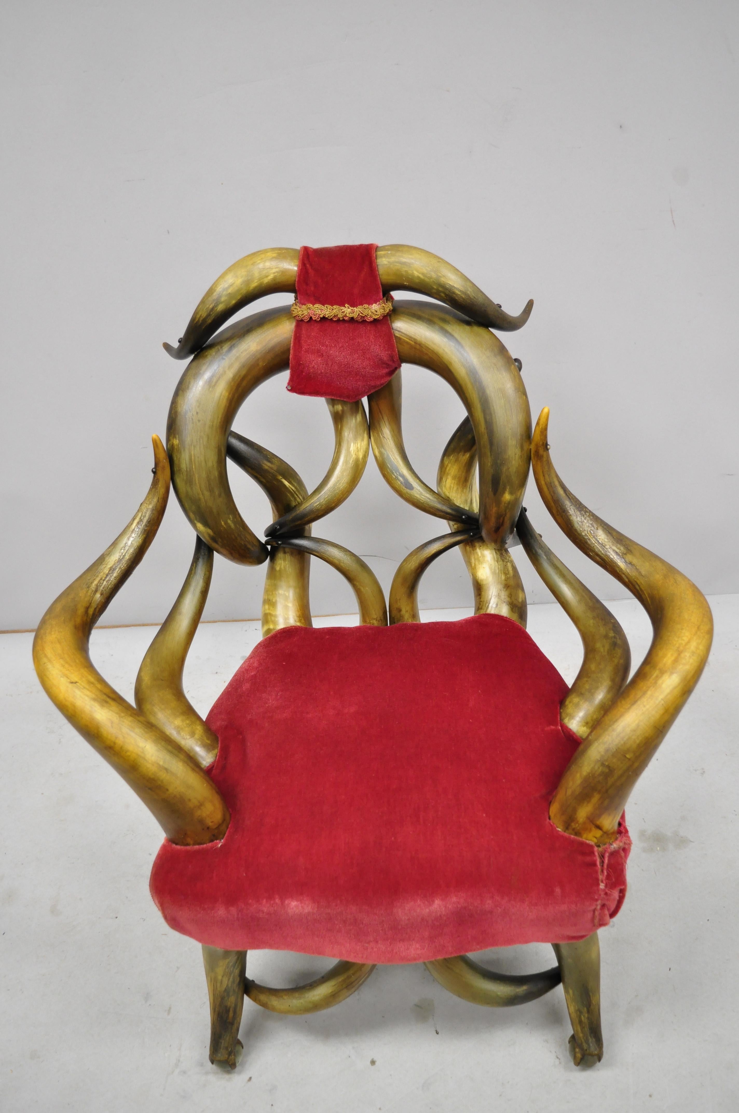 Victorian Antique Steer Horn Parlor Club Lounge Chair Glass Ball Feet 2