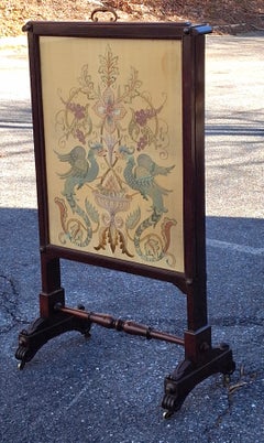 19th C. Victorian Carved Walnut and Embroidered Silk Rolling Fireplace Screen