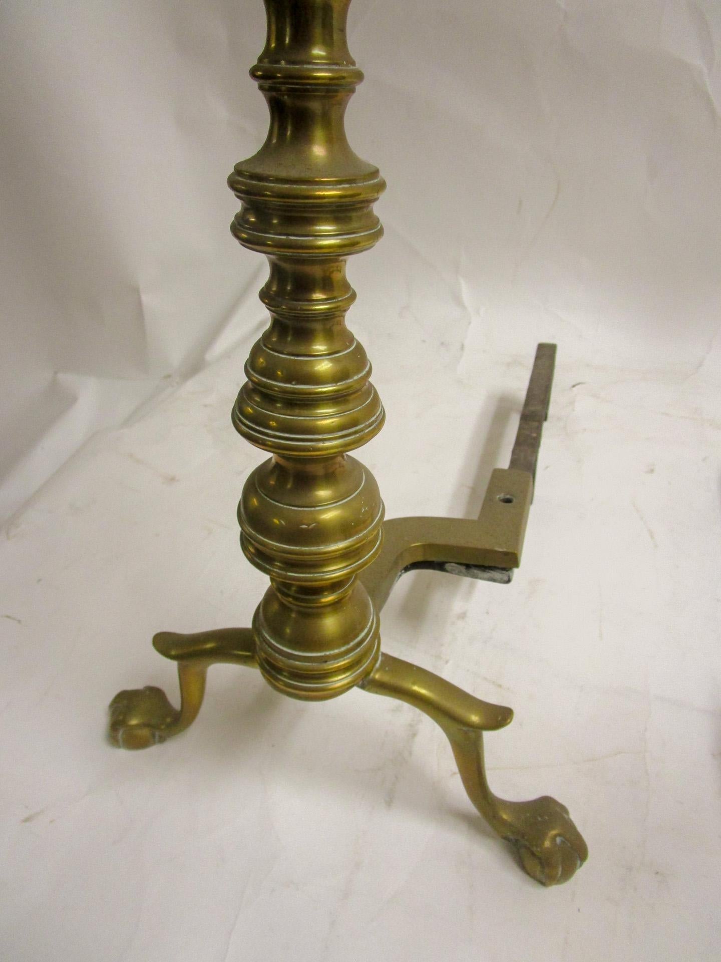 Late Victorian 19th c Victorian English Brass Andiron Firedog Pair with Ball and Claw Feet