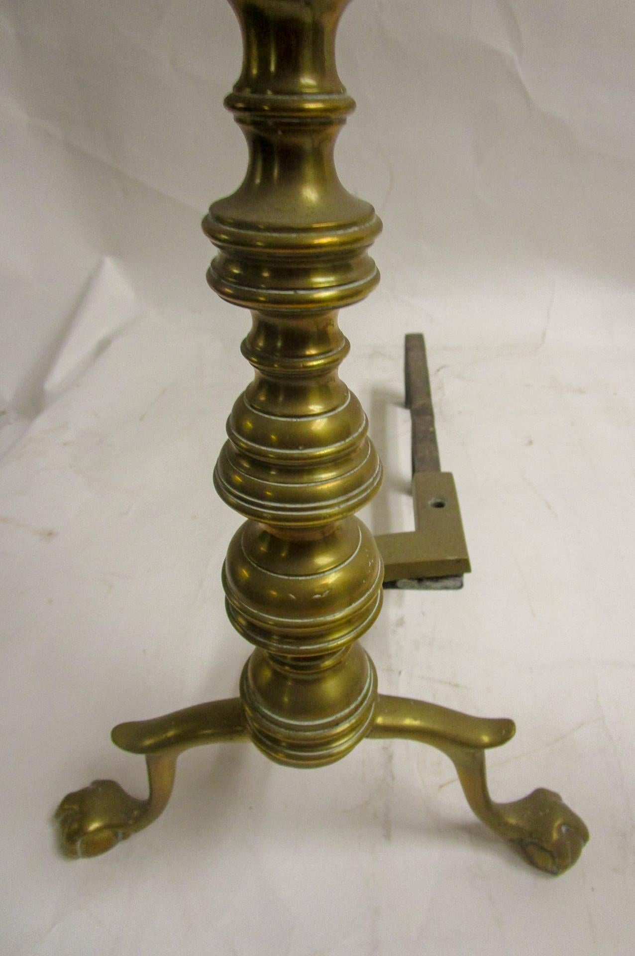 19th c Victorian English Brass Andiron Firedog Pair with Ball and Claw Feet In Good Condition In Savannah, GA